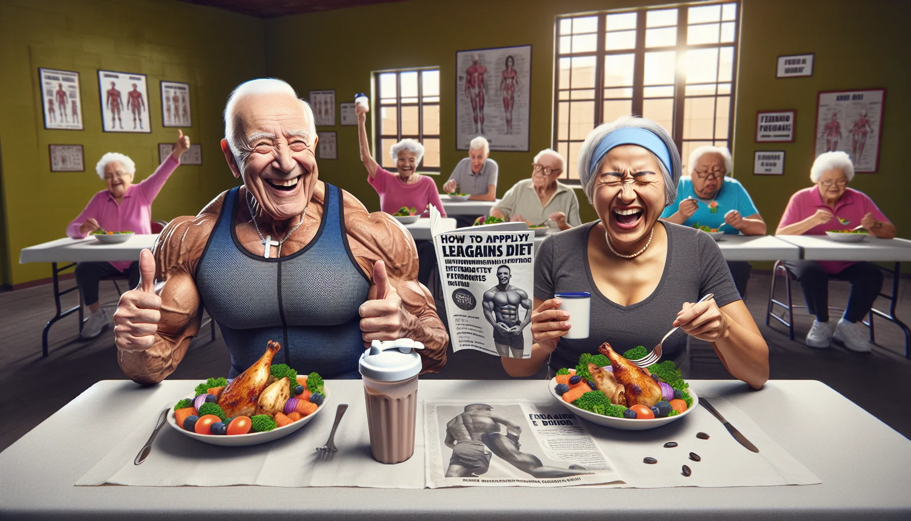 Generate a comical image set in a senior citizens' fitness center, where the subjects indulge in a Leangains diet. Picture an elderly Caucasian man with a broad smile, strong physique, and a protein shake in his hand, giving a thumbs-up. Beside him stands a Hispanic woman chuckling, eating a large chicken salad full of vibrant, colourful vegetables while reading a 'How to apply Leangains diet' pamphlet. The background is filled with other elderly individuals of various descents like Black, Middle-Eastern, and South Asian, engaging in similar actions and sharing a light-hearted atmosphere. They are all partaking in a healthy meal during the classic intermittent fasting 'feeding window,' humorously depicted by an open window in the wall revealing a sunshine-filled sky.