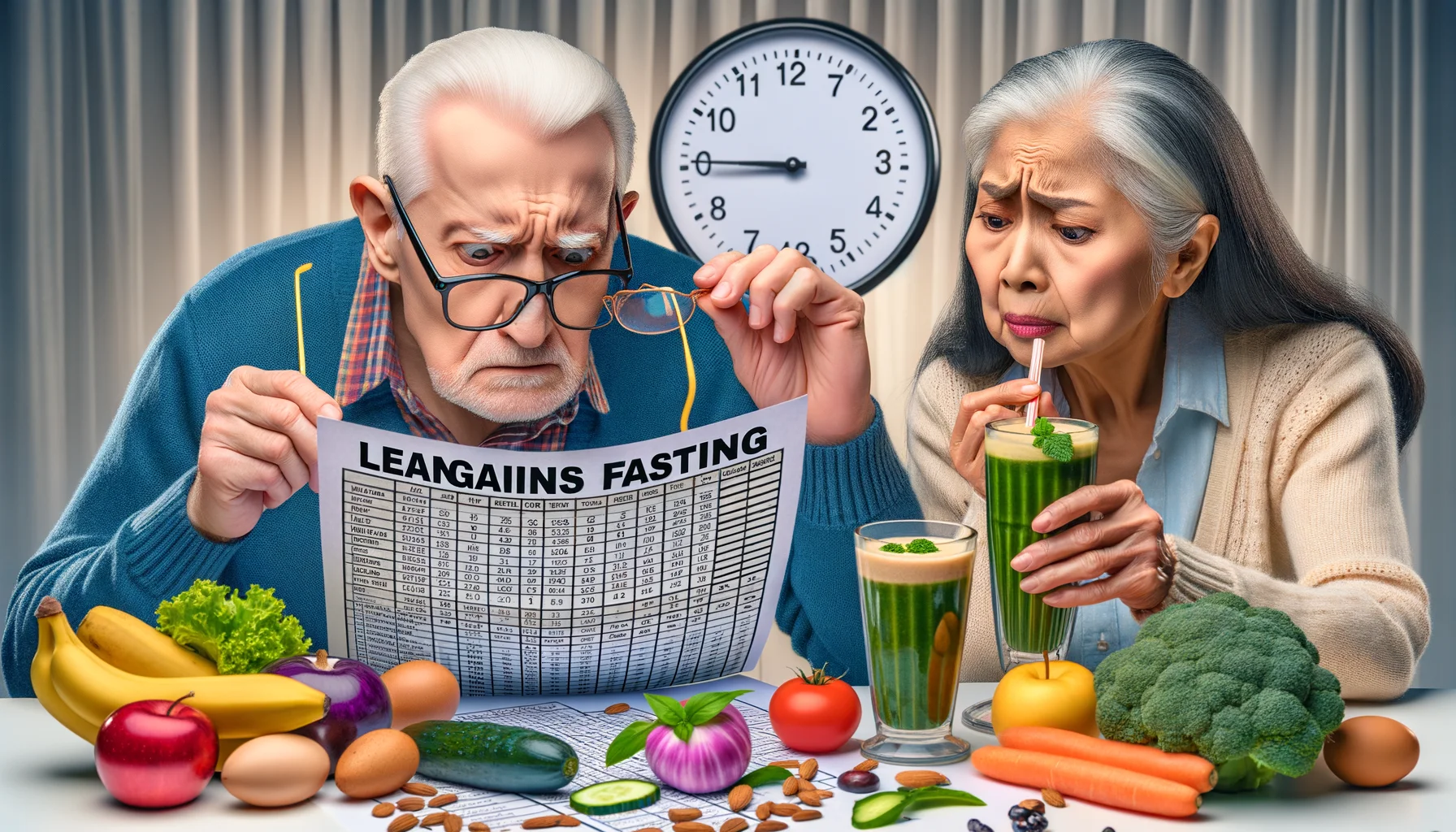 Generate an amusing realistic image that captures a humorous scene about leangains fasting with elderly individuals. Imagine an elderly Caucasian man attempting to decipher a complex leangains fasting chart, his glasses balanced precariously on his nose. Nearby, a South Asian woman, his friend, is curiously examining a vegetable smoothie, a part of the diet, with skeptical fascination. Include various elements related to dieting, like a timer for fasting duration and healthy foods in the background.