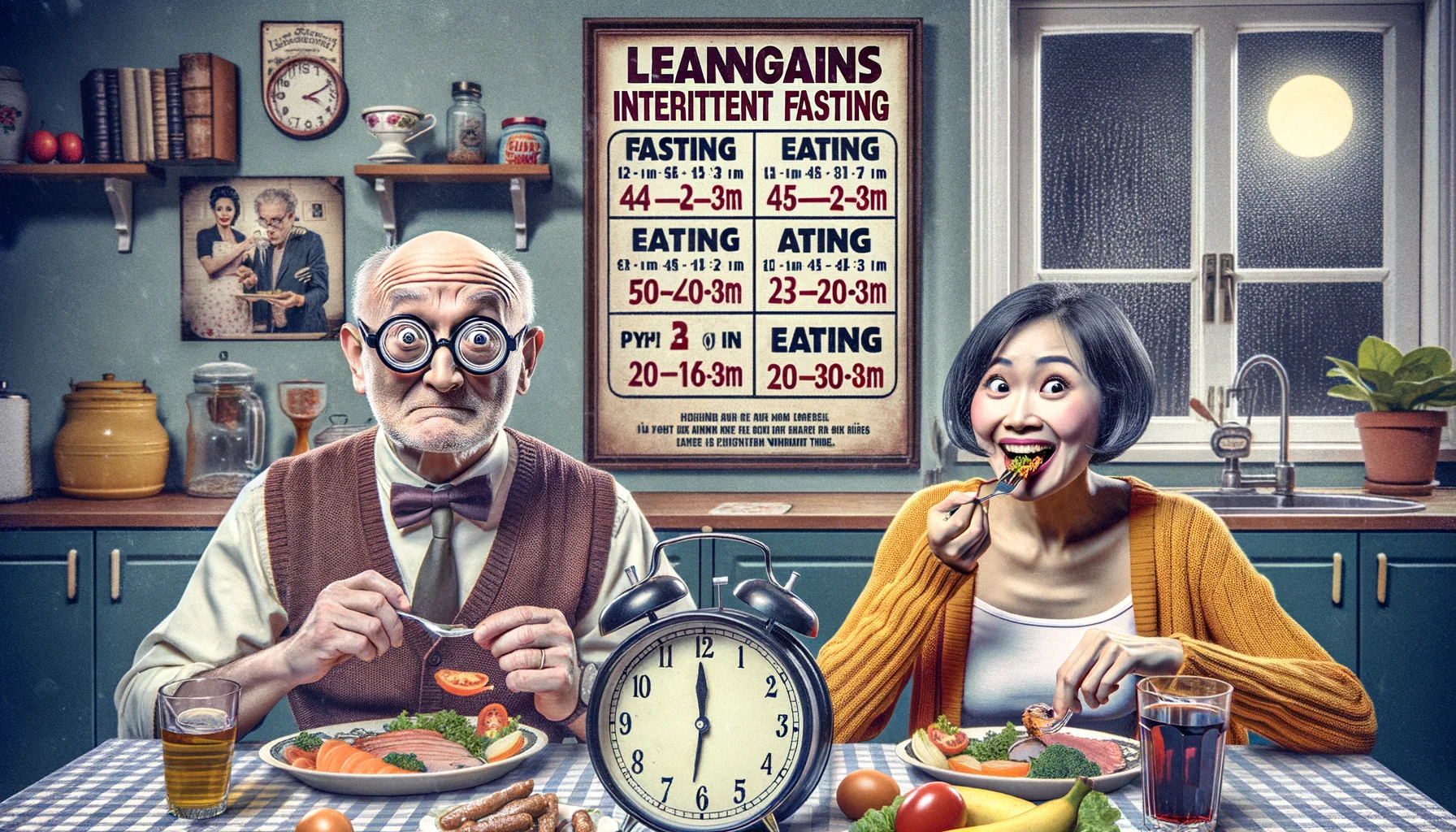 Create a lighthearted, comical image related to the concept of 'Leangains Intermittent Fasting'. Picture an older Caucasian man with glasses and an South Asian woman both sitting at a vintage style dining table cluttered with a clock showing different fasting and eating window times. The gentleman looks surprised as his plate is empty while the lady is smiling while indulging in her favourite meal not caring about the fasting time. The backdrop is a kitchen with a humorous poster explaining the fasting process, adding a touch of fun and irony to the atmosphere.