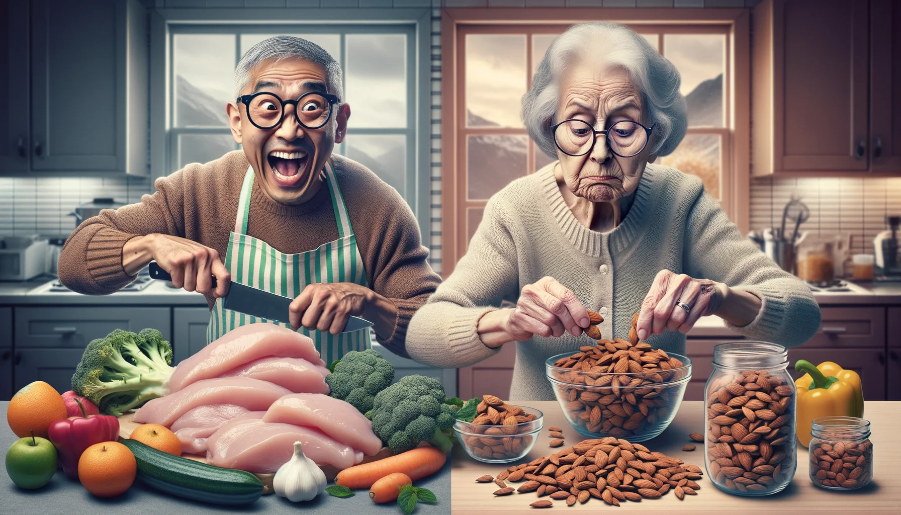 Create a humorously exaggerated image capturing the essence of the leangains meal plan with an elderly angle. Imagine two different scenarios. On the one side of the image, an enthusiastic and active elderly South Asian man preparing pounds of chicken breast, steamed vegetables, and oodles of brown rice, his kitchen counters completely overrun. On the other side, a bemused elderly Caucasian woman meticulously counting out almonds, her spectacles perched on her nose. It's a funny contrast that clearly showcases the feast-famine cycle inherent to leangains and the unique challenges encountered by seniors on diets.