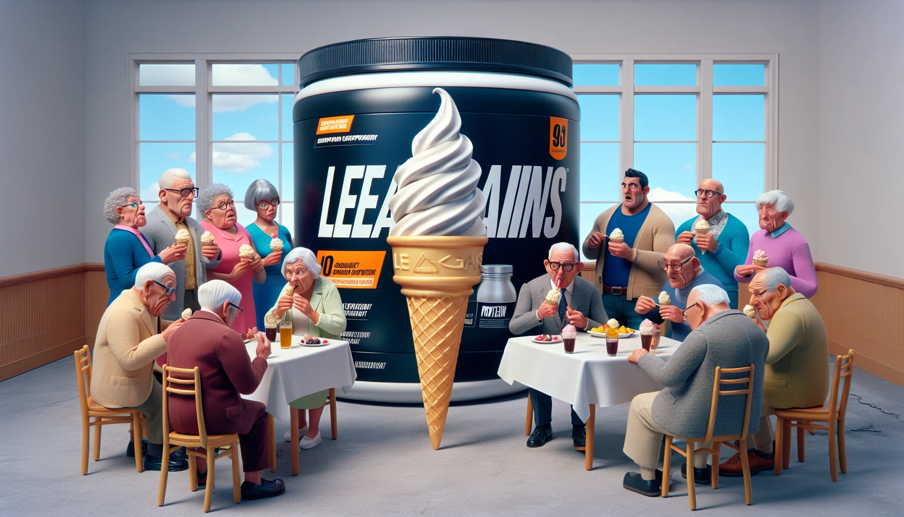 An amusingly realistic scene featuring a group of elderly individuals with diverse descents partaking in their daily diet routine. It includes a cone of leangains protein towering above a regular ice-cream cone, causing a humorous confusion among the group. They dignifiedly struggle to decide if they should substitute their usual sweet treats for the gigantic protein supplement. Emphasize the juxtaposition of traditional diet norms against the modern health trend of protein supplements in their comical expressions and reactions.