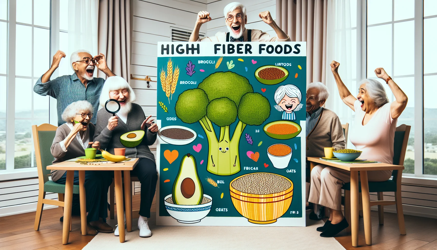 Create a playful image that takes the shape of a high fiber foods chart. It includes colorful illustrations of foods like broccoli, lentils, avocados, and oats, labeled with their fiber content. Make it stand in a lively dining area of a retirement home, with elderly people engaging in humorous activities around it. One older lady, Caucasian with white hair, is examining the chart with reading glasses and a magnifier, an older Middle-Eastern man is laughing holding an unusually large broccoli, and a South Asian lady is cheering with a bowl full of lentils. Emphasize the joy, humor, and healthy eating lifestyles.