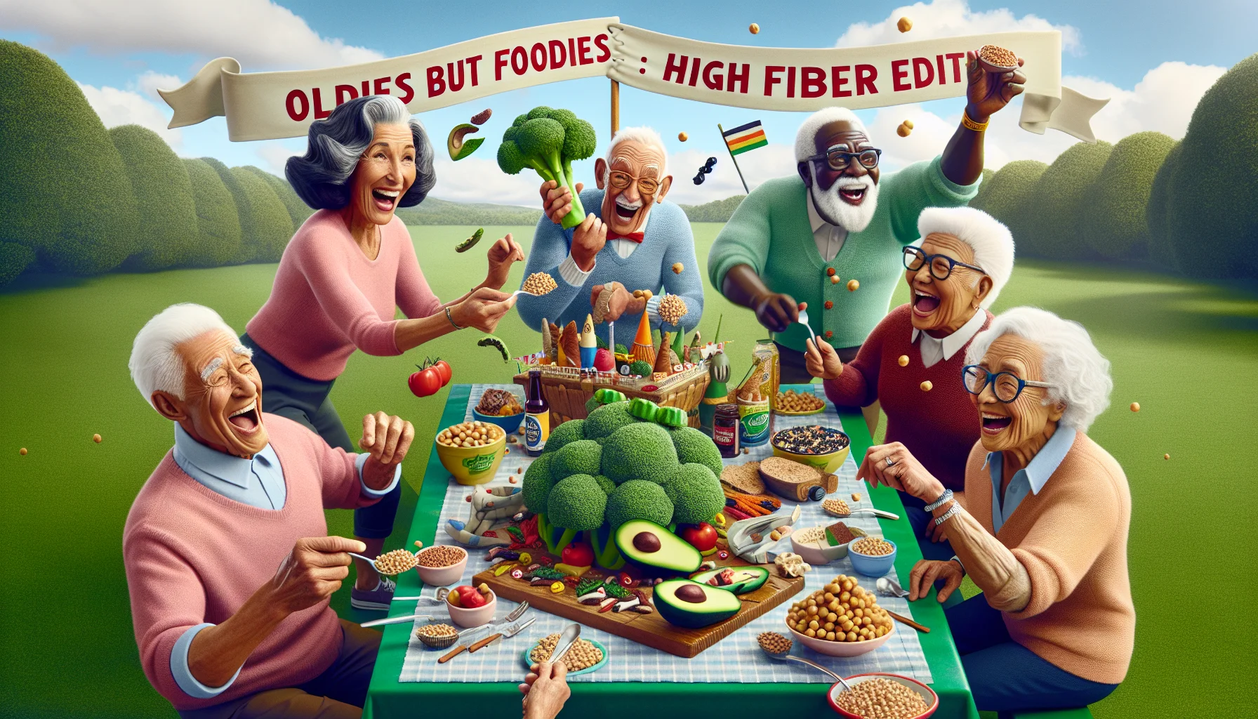 Visualize a lively scene depicting an energetic seniors' day out. A group of old friends - a brunette Caucasian woman, a balding African-American man, a white-haired Asian woman, and a middle-aged Hispanic man with a mustache - are enthusiastically gathered around a picnic table. In the center of the table, instead of traditional snacks, there's a whimsical spread of high fiber foods creatively displayed. Picture a towering broccoli tree, an avocado boat with whole grain sail, and a garden made up of legume flowers. The friends are laughing, playfully tossing chickpeas into each other's open mouths. Behind them, a banner flutters proclaiming 'Oldies but Foodies: High Fiber Edition'.