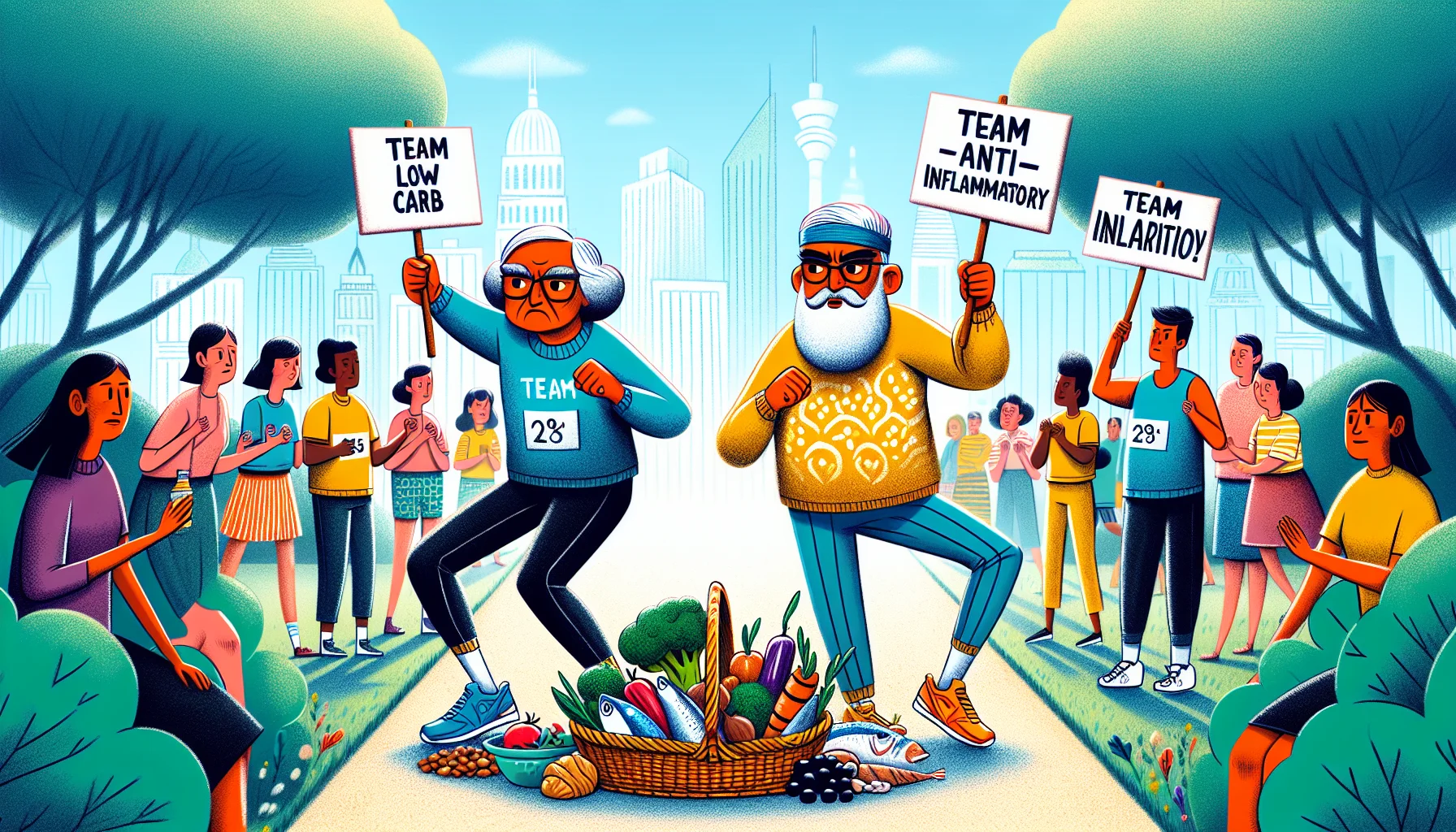 Illustrate a humorous scene set in a bustling urban park filled with diverse people, focusing on an old Hispanic woman and a middle-aged South Asian man. They're both in active wear, stretching and warming up for a race. They're holding signs that read 'Team Low Carb' and 'Team Anti-Inflammatory'. They've brought a picnic basket loaded with fresh colourful vegetables, fish, olives, nuts and berries, symbolic for a healthy diet. The pair wear exaggerated expressions of competitive spirit, making it seem as if they're about to race for the last piece of broccoli. Egged on by a diverse crowd of intrigued onlookers.