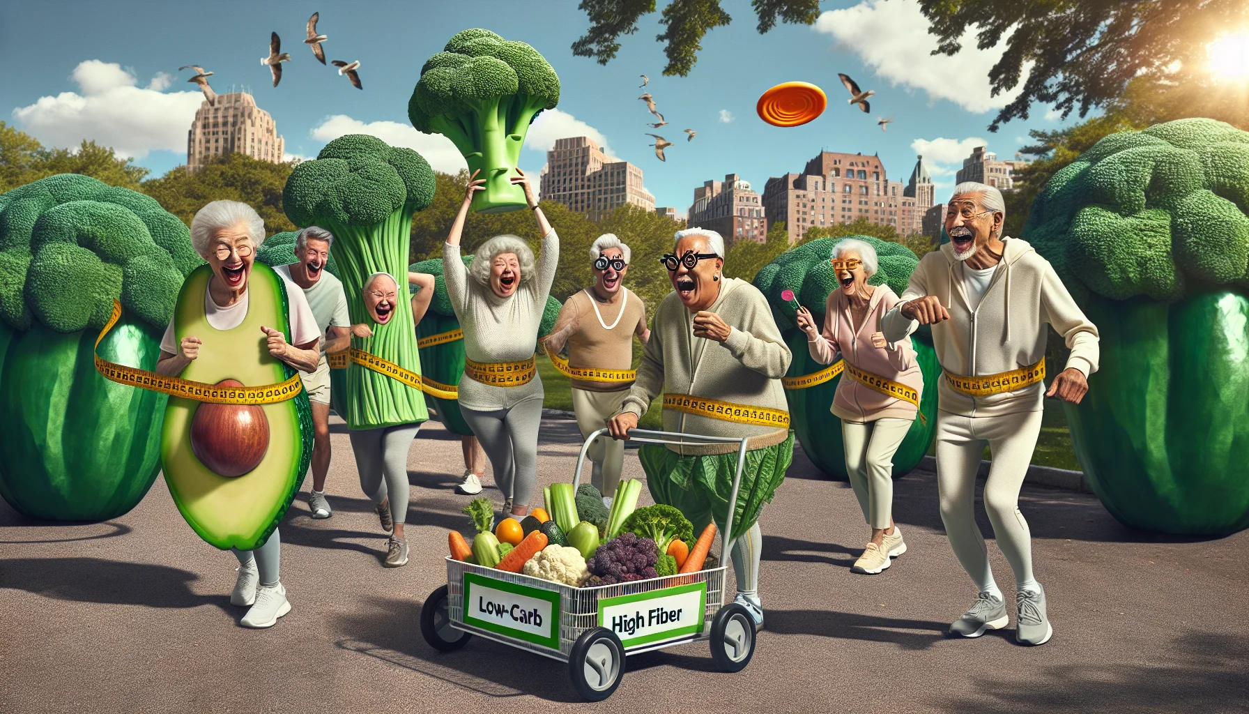 Imagine a humorous, realistic scene involving elderly individuals and the theme of diets and healthy eating. In a sunny park, a group of seniors are engaging in a lively low-carb, high fiber food party. Equipped with jogging suits, they are animatedly comparing sizes of giant broccoli spears, waving celery like batons and tossing avocadoes like frisbees. A Caucasian elderly lady with humorous glasses is using a large lettuce leaf as a fan, while an Asian senior man laughs heartily holding a giant cucumber like a microphone. A black gentleman is seen riding a high fiber food cart filled with assortment of fibrous vegetables. Add a hint of surrealism to make the scene amusing and memorable.