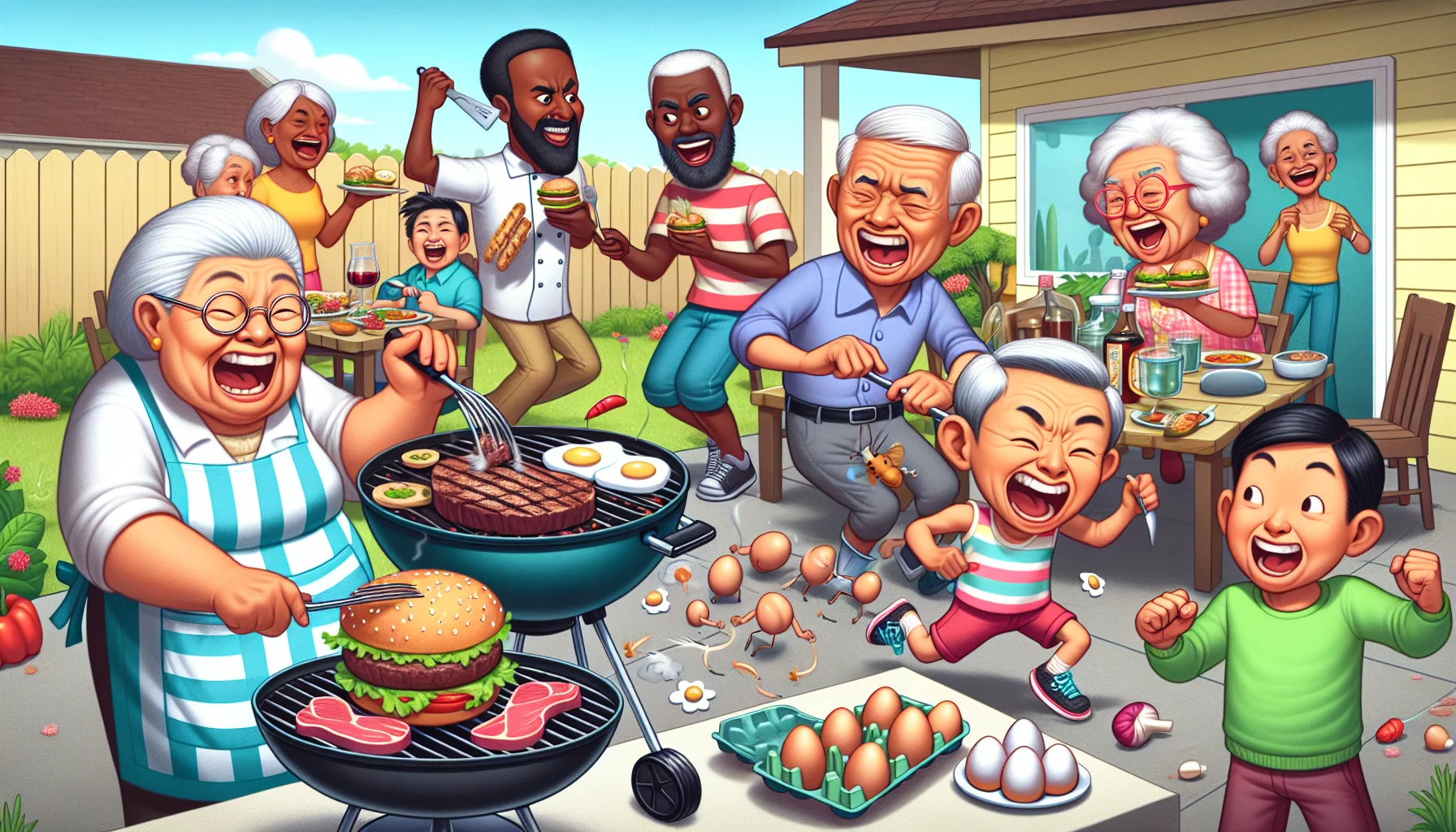 Imagine a humorous scene at a lively senior citizen's cookout. The elderly guests are cheerfully engaged in cooking and eating various types of low fiber, high protein foods. An elderly Asian woman is grilling steak while laughing heartily with her friend, a black man who is trying to cleverly balance a large platter of eggs. Nearby, a Hispanic gentleman and a South Asian lady are engaged in a mock intense debate over the best high protein recipes. Meanwhile, a Caucasian woman is playfully chasing her runaway burger that's grown tiny legs in this animated scenario.