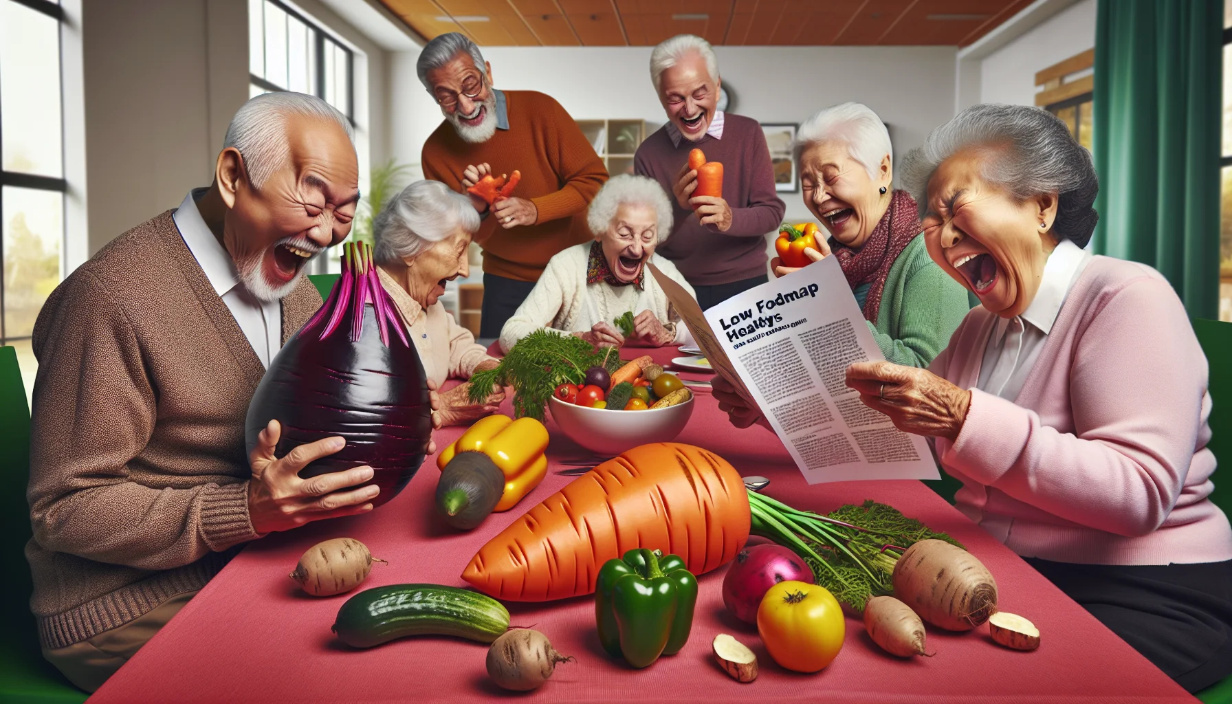 Create a humorously realistic image set in a lively senior center. A group of elderly individuals is gathered around a table laden with a variety of low fodmap, high-fiber foods. Each person is interacting delightfully with the food. An Asian man playfully struggles with an unusually large carrot while a Caucasian woman amusingly examines a robust beetroot. A South Asian lady laughs while studying a detailed pamphlet titled 'The Joy of Healthy Eating - Low FODMAP.' An African woman breaks into laughter, having just taken a bite of a peculiarly shaped bell pepper. In the background, other elders, each of a different descent, engage in similar antics, creating a lively image celebrating the lighter side of maintaining a healthy diet in old age.