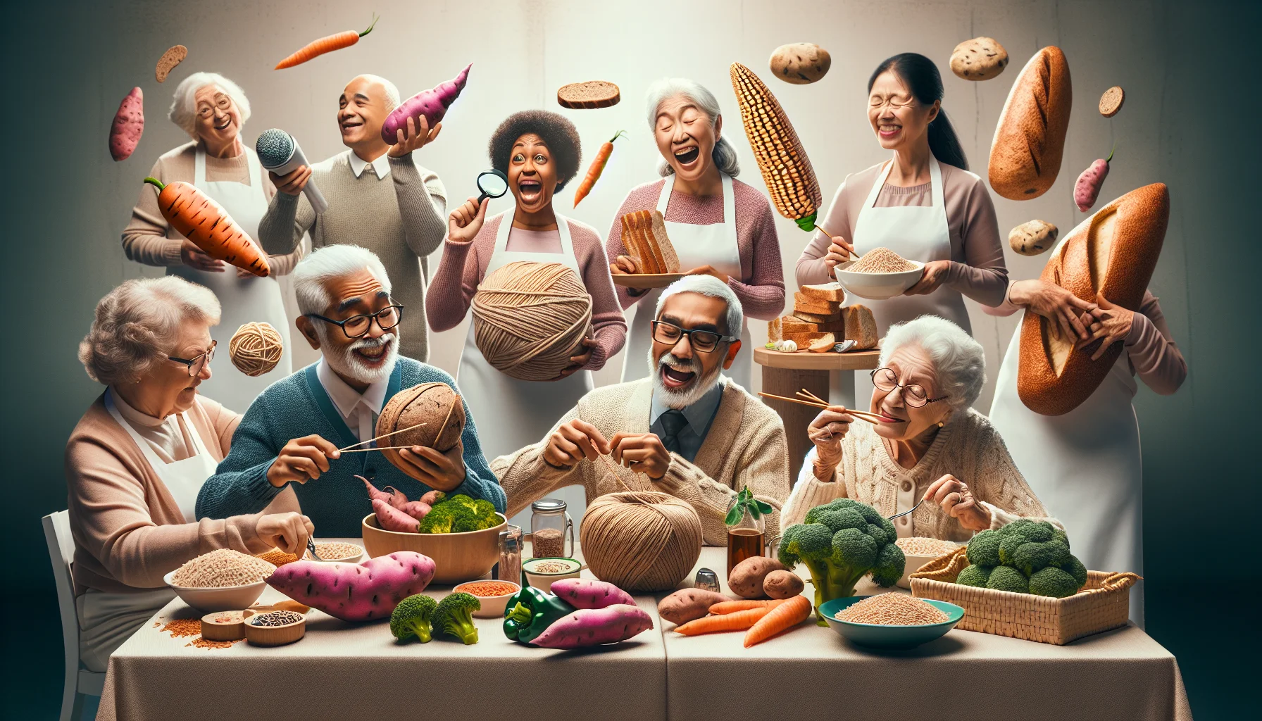 Craft a hilarious and realistic image featuring an array of low-glycemic, high fiber foods such as whole grain bread, brown rice, sweet potatoes, and broccoli. In the centre of the scene, depict a group of elderly people engaging in an animated discussion about their diets. Show a man of South Asian descent playfully juggling a couple of sweet potatoes, while a Hispanic woman is pretending her broccoli is a microphone and hosting an imaginary talk show about healthy eating. Elsewhere, a Black man is inspecting a piece of whole grain bread with a magnifying glass, and a Caucasian elderly woman crossing wholewheat pasta strands like knitting needles. Everyone should be wearing light-hearted expressions.