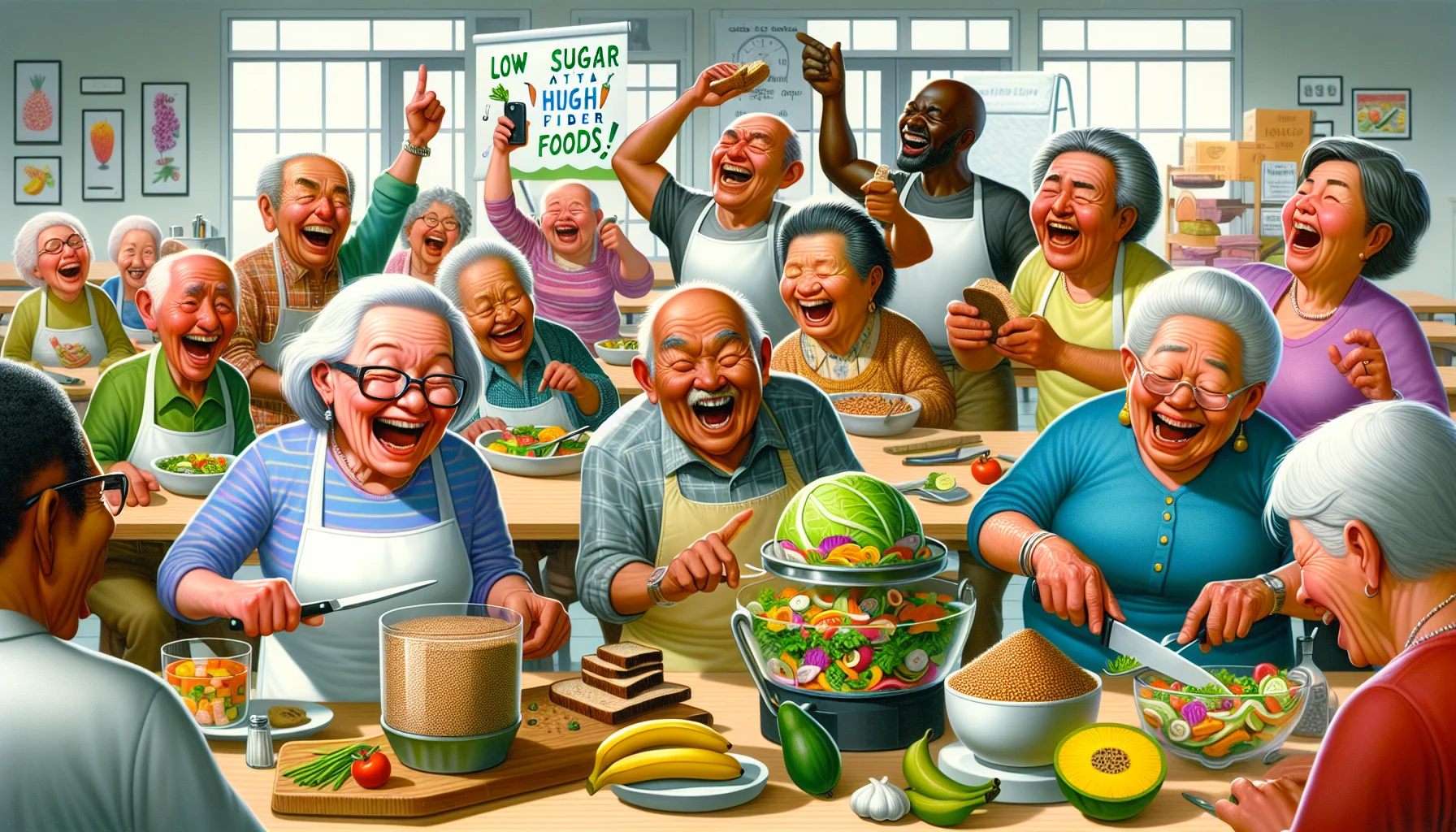 An amusing, realistic illustration of a group of lively elderly individuals in a community center. An elderly South Asian woman leads a culinary class where everyone is laughing and having a good time. They are learning to make low sugar, high fiber foods like a colorful salad full of vegetables, whole grain bread, beans, and fruit. A black man humorously struggles as he tries to chop a stubborn pineapple, while a Hispanic woman tries to balance a tall stack of sliced whole grains on a plate. In the background, a Middle-Eastern man laughs, holding up a banana as if it's a phone. Lastly, a Caucasian woman holds up a 'Healthy Eating' banner with a comic, exaggerated smile.