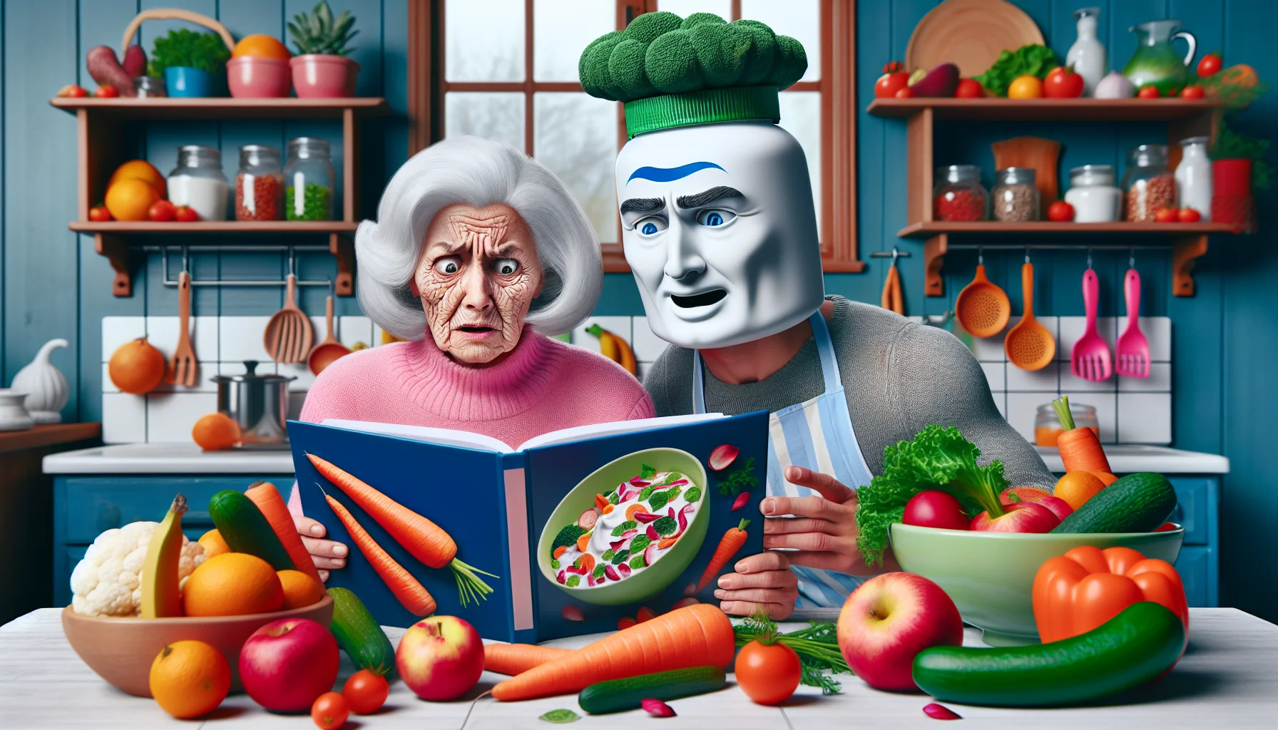 Imagine a humorous, lifelike image featuring a generic anti-aging skincare product. In this scene, an elderly Caucasian lady and her Middle-Eastern husband are trying to follow a healthy diet. They are sitting in their colorful kitchen, surrounded by an overflow of fruits and vegetables. Their faces show disbelief as they read a monstrous recipe book titled 'The Ultimate Health Guide'. Meanwhile, in the background, the skincare product is personified, wearing a green salad bowl as a hat, holding a carrot like a wand, mirroring a health advocate, adding a pinch of comedy to the situation.