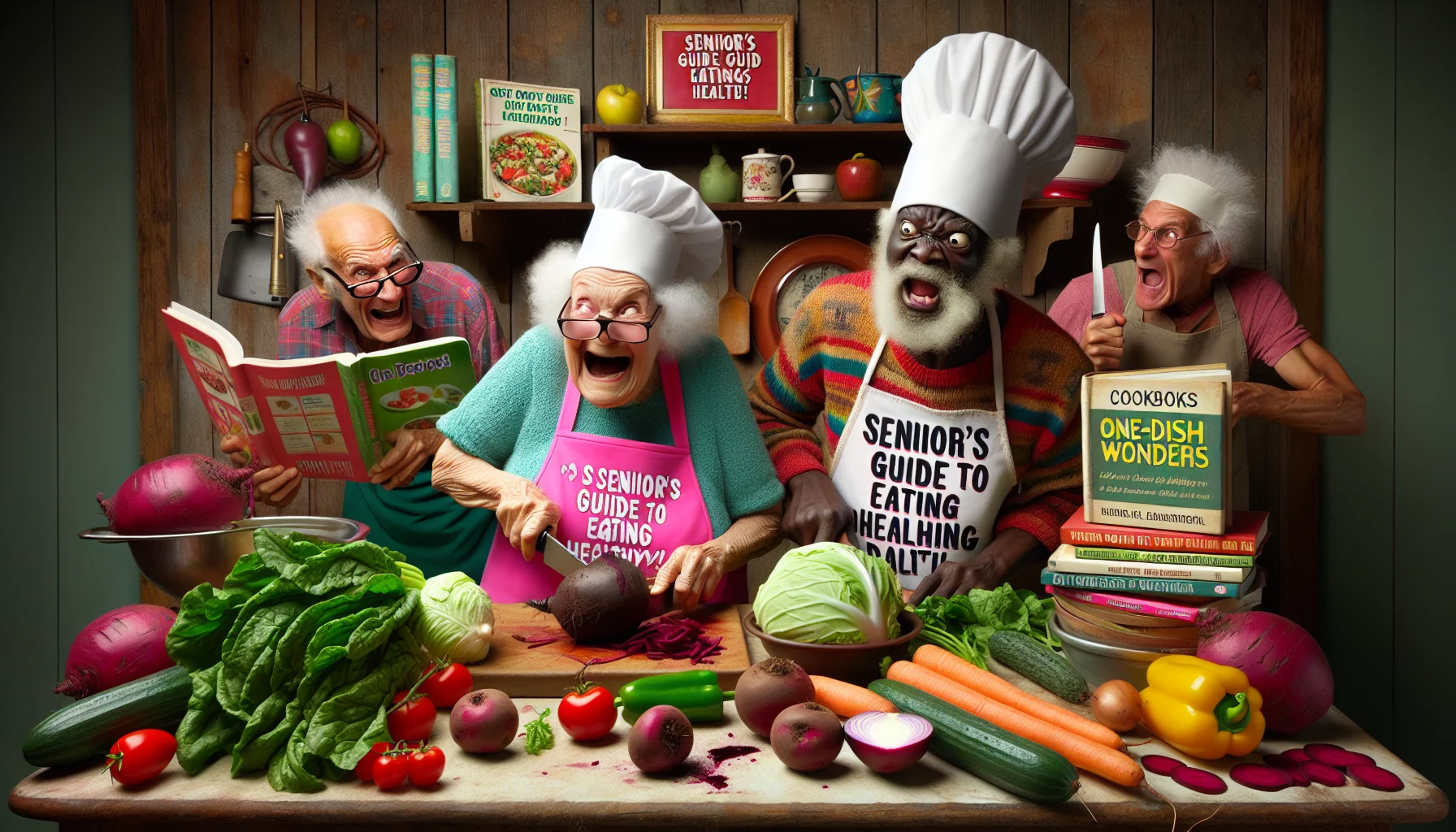 A humorous, realistic scene set in a rustic kitchen. Two elderly people, one Caucasian male and one Black female, are gleefully chopping an overabundance of vegetables. They're sporting humorous clothes: oversized chef hats, neon-colored aprons with funny quotes about diets. In the background, cookbooks titled 'Senior's Guide to Eating Healthy' and 'One-dish Wonders' are stacked clumsily. A third elderly person, a Middle-Eastern male, stares in baffled amusement at a beetroot, unsure of what to do with it. All around, the kitchen is filled with laughter, healthy food and good-natured teasing.