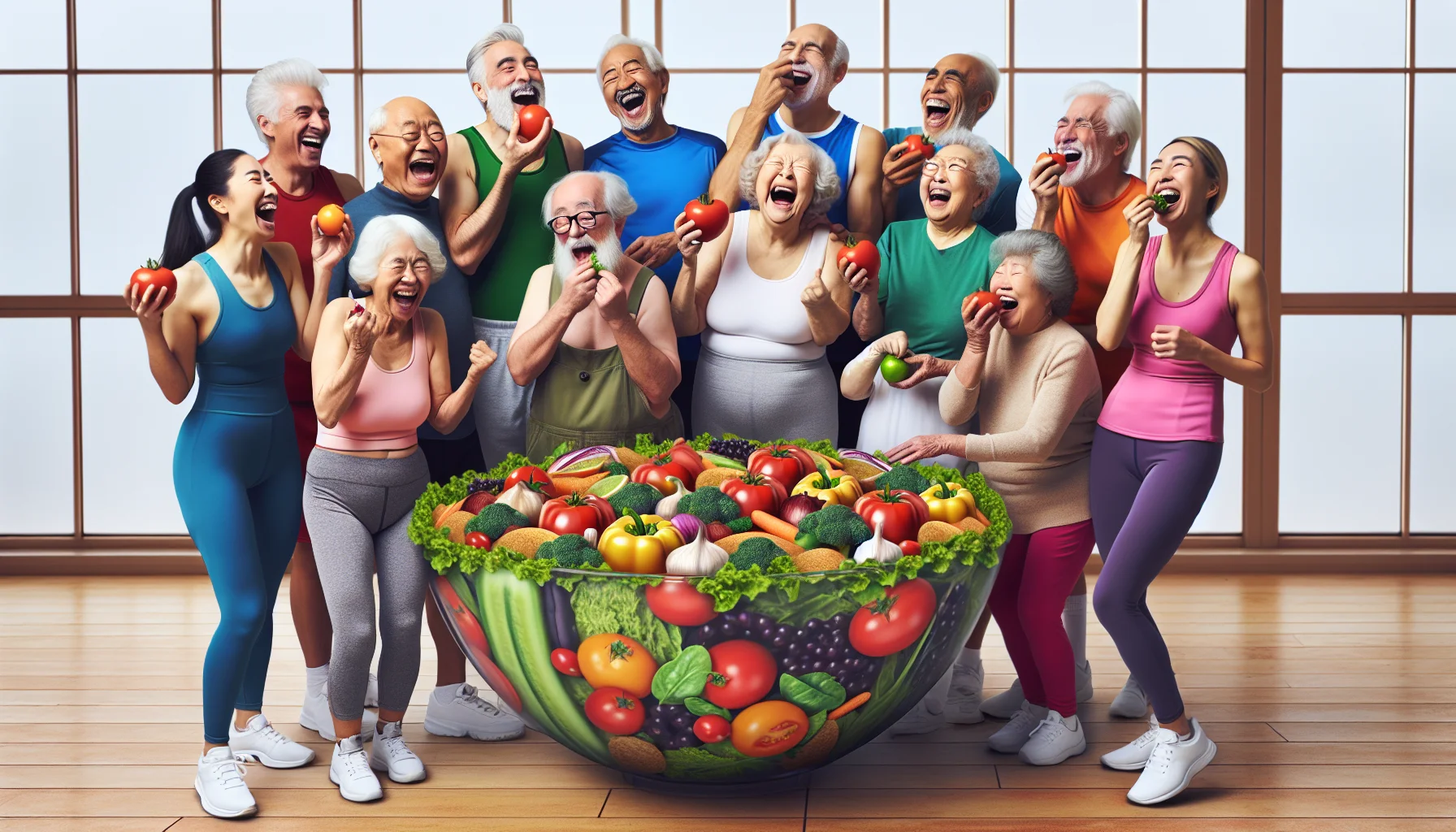 Imagine a comical, lifelike scene centered around heart-healthy eating for older adults with peripheral artery disease. Picture a community center filled with a diverse group of elderly individuals, each person of different descent such as Caucasian, Black, and Hispanic. They are gathered around a gigantic salad bowl, laughing heartily, dressed in colorful gym outfits. There's a South Asian woman trying to balance a tomato on her nose, and a Middle Eastern man has a spinach leaf stuck in his beard. Each of them is holding various heart-healthy foods like whole grains, fruits, and vegetables, signifying a fun commitment to healthy eating without forgetting the importance of having a good laugh.
