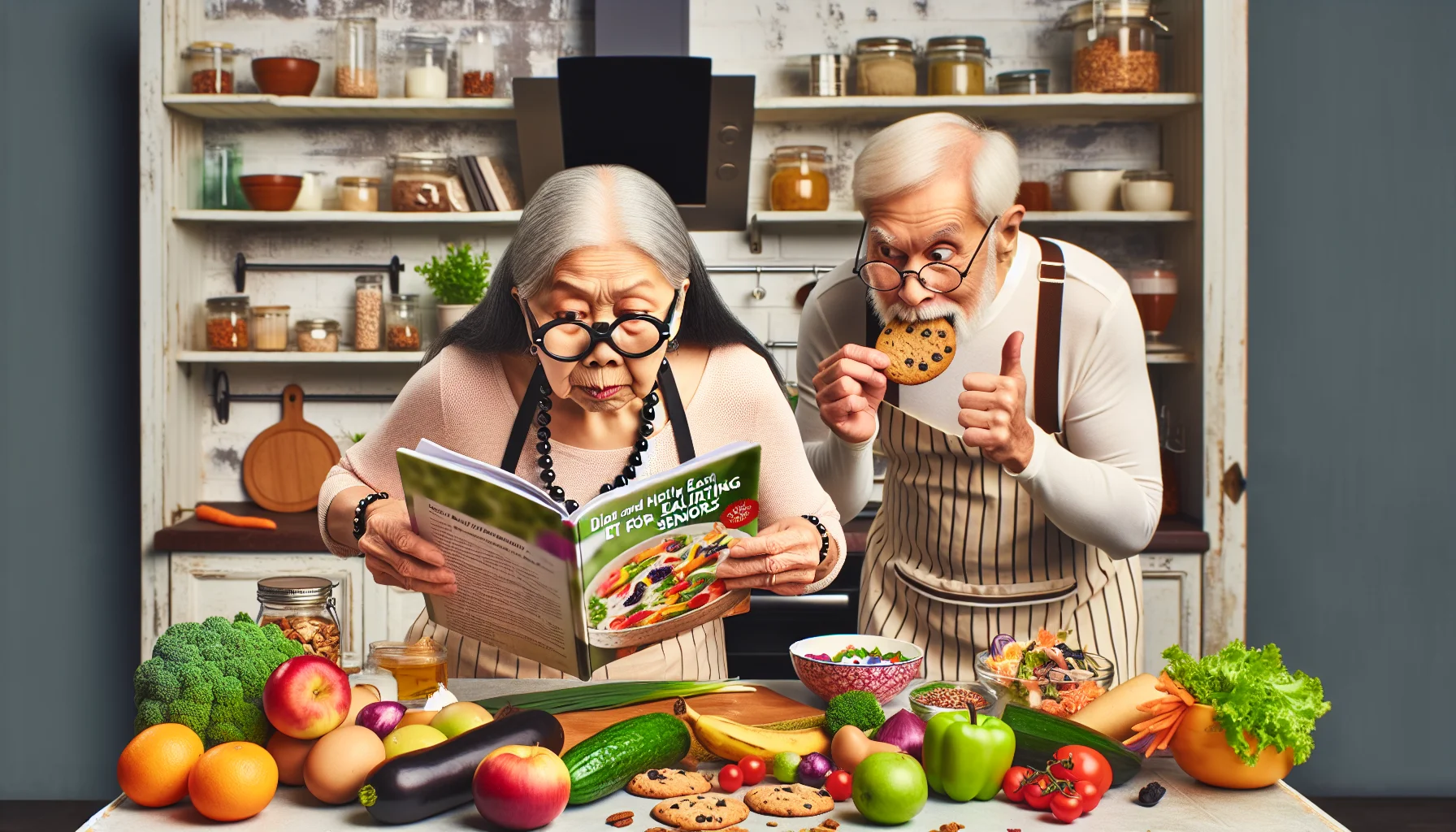 Imagine a humorous, realistic scene of an elderly South Asian woman cooking. She wears eyeglasses hanging down on her chest with a bead chain, and she's attempting to navigate through an oversized cookbook titled 'Diet and Healthy Eating for Seniors'. The kitchen countertop is a chaotic array of colorful, healthy ingredients including fruits, vegetables, and whole grain items. In the corner of the room, an elderly Caucasian man, her husband, is sneakily eating a cookie while trying to distract her with a thumbs up. Both are wearing aprons, and there's a noticeable contrast between the chaos of preparation and the sneaky indulgence.