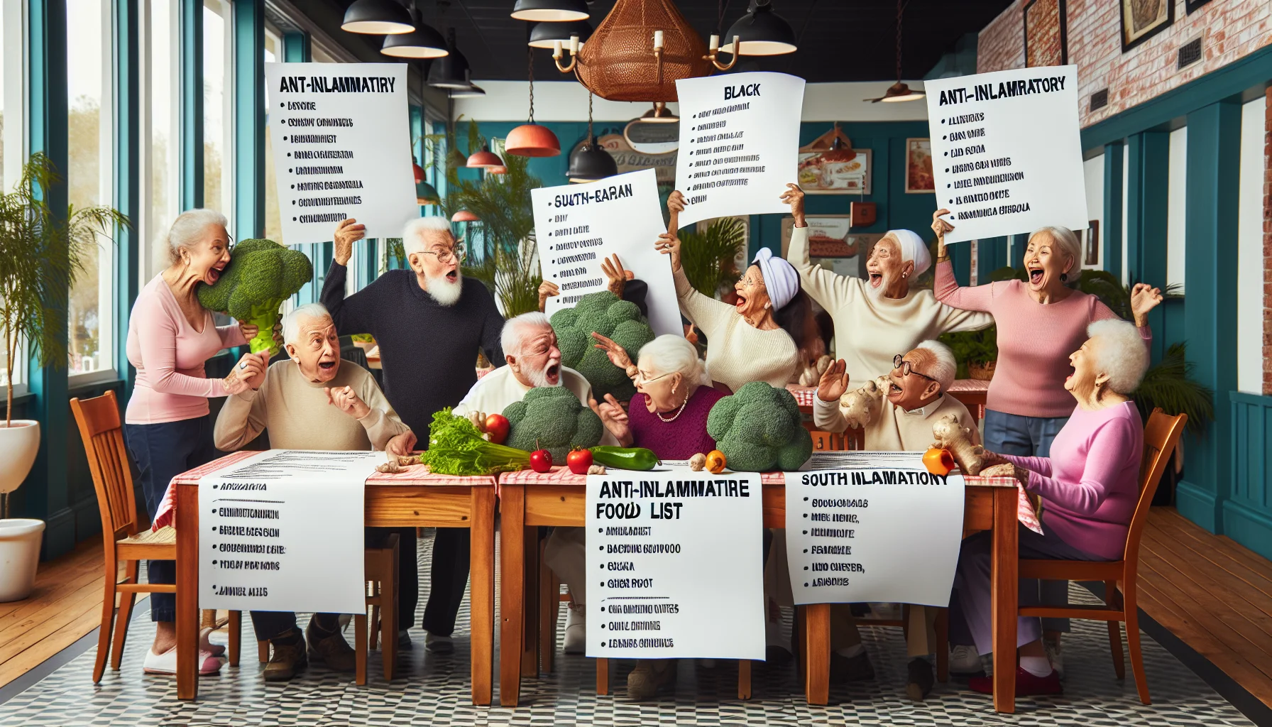 Imagine a humorous scene set in a vibrant senior citizens gathering area. There are elderly individuals of different descents, say Caucasian, Black, Hispanic, and South Asian, each holding large printouts of anti-inflammatory food lists. The lists are humorously oversized, almost like restaurant menus. The elders are enthusiastically discussing their dietary plans, pointing at food items on their lists and joking around. Some are playfully fighting over bunches of broccoli. One elderly woman, a Caucasian, is trying to convince a Middle-Eastern man to eat an avocado, only to find him stubbornly reaching for a giant ginger root, while an Asian woman is laughing hysterically at this situation.