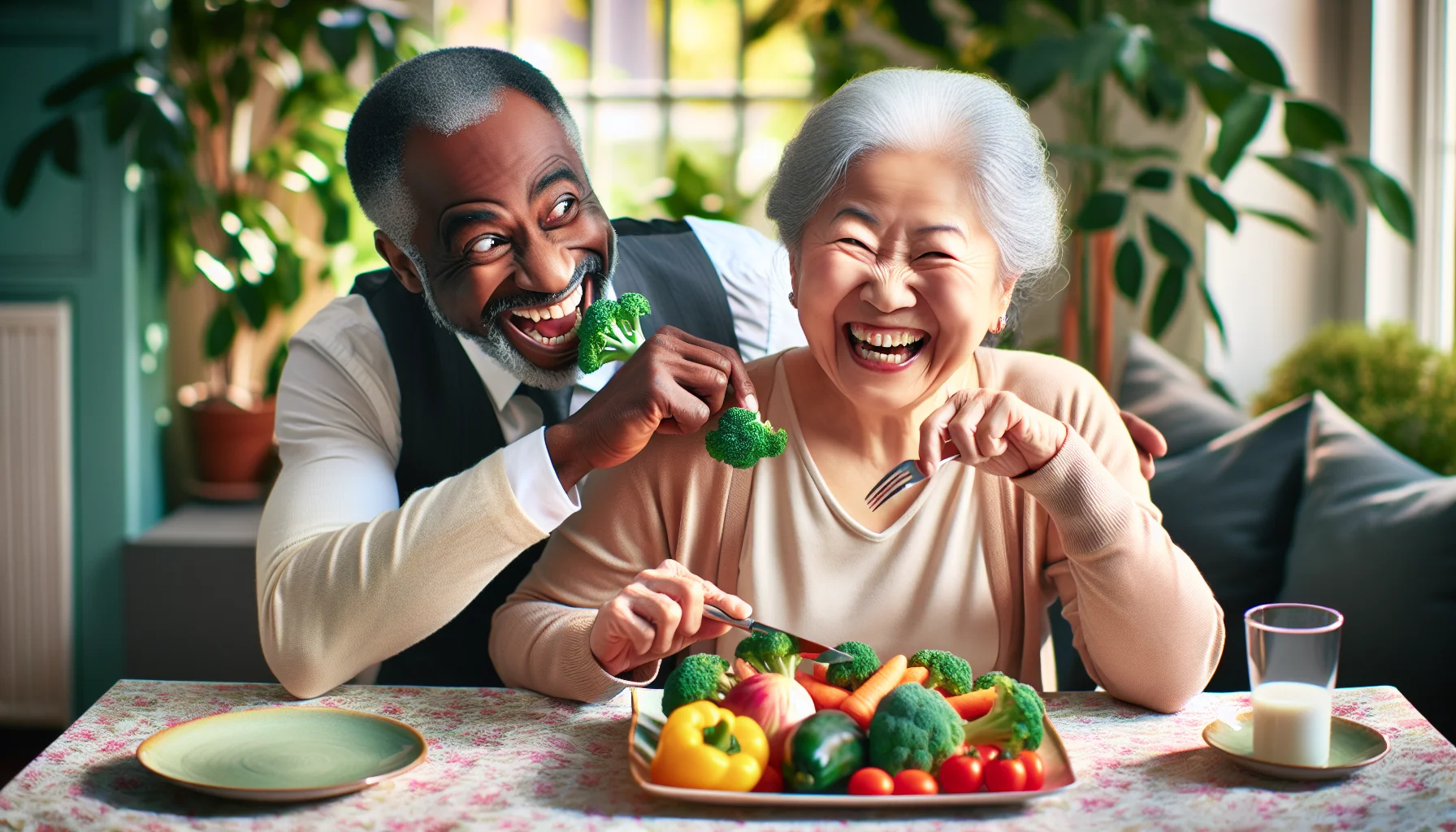 Depict a humorous scene involving two elderly individuals. One is a Black male and the other is a South Asian female, both enjoying their relapsing polychondritis-friendly diet. The Black gentleman is mischievously sneaking a broccoli floret onto the South Asian woman's plate full of colorful, healthy vegetables while she laughs heartily. They are sitting in a beautifully decorated dining room with plants and soft daylight streaming through the windows. The atmosphere is cheerful and full of life flaunting the benefits of a healthy diet in managing ailments in a light-hearted way.
