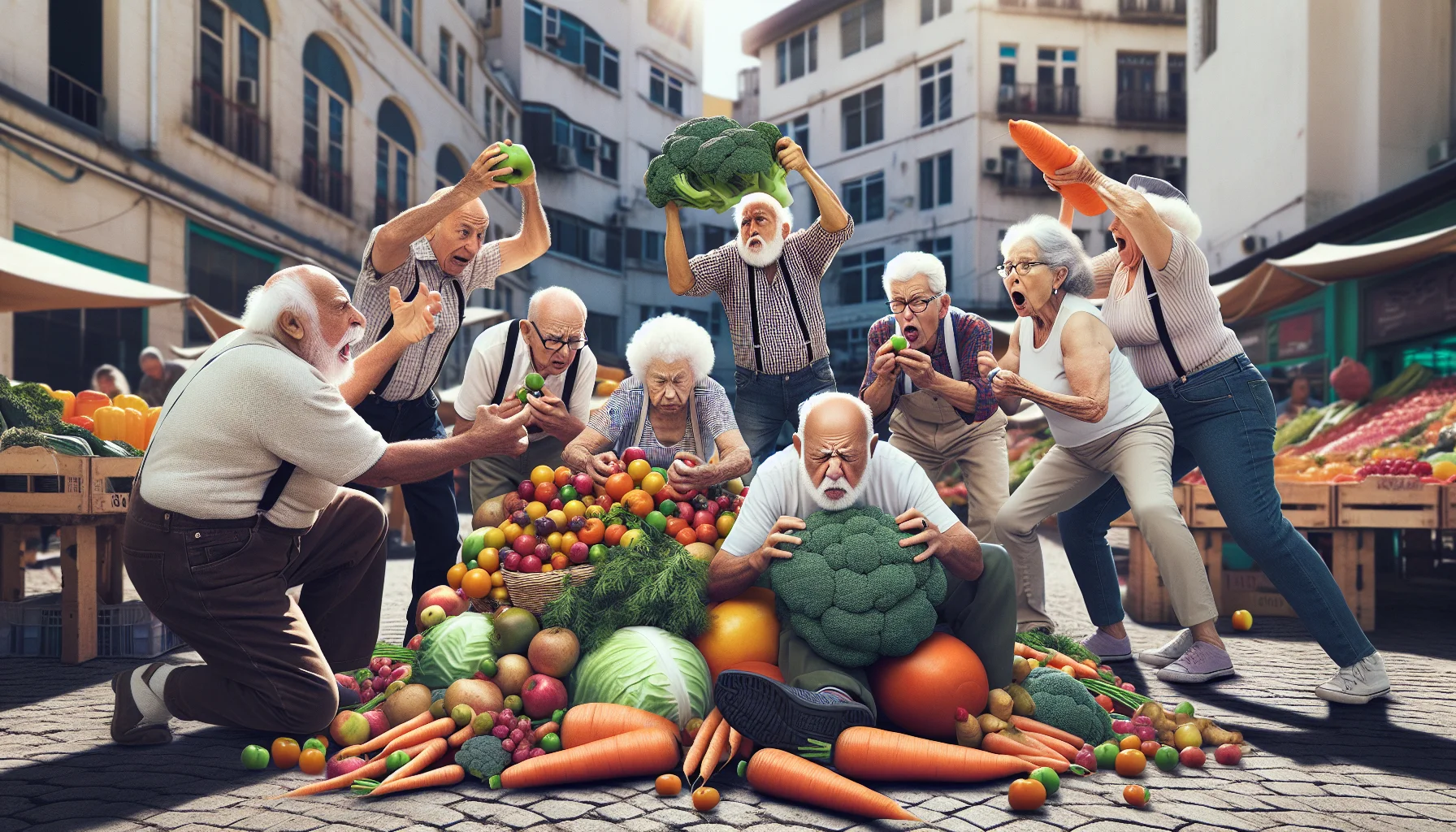Create a humorous and realistic image that captures the spirit of a Senior Farmers Market Nutrition Program in 2017. Picture an outdoor farmers' market bustling with elderly individuals of various descents, such as Caucasian, Hispanic, Black, Middle-Eastern, and South Asian, each engaging in humorous scenarios related to diet and eating healthy. Perhaps an elderly man struggles to balance a stack of colorful fruits, an old woman examines oversized vegetables with astonishment, or a group of seniors participate in a humorous yet energetic 'carrot tug of war'. Ensure a focus on the delight and absurdity of health-conscious seniors unravelling the secrets of nutritious food.