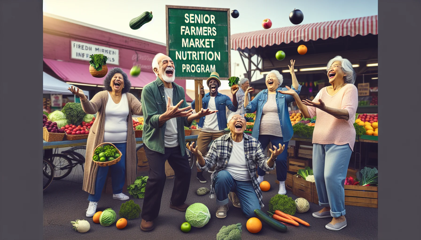 Create a humorously realistic image representing a Senior Farmers Market Nutrition Program scene from 2018. Picture this: A group of elderly people, of varying ethnicities such as Hispanic, Black, and Middle-Eastern, are gathered in an open-air market. They're laughing heartily as one elderly Caucasian man enthusiastically juggles colorful fruits and vegetables. Another elderly South Asian woman is chuckling while attempting to balance a large, leafy green on her head. Everyone is wearing casual, comfortable clothing appropriate for seniors. Signboards advertising an array of fresh, healthy produce dot the background, spreading the message of maintaining a nutritious diet in a fun, lighthearted way.