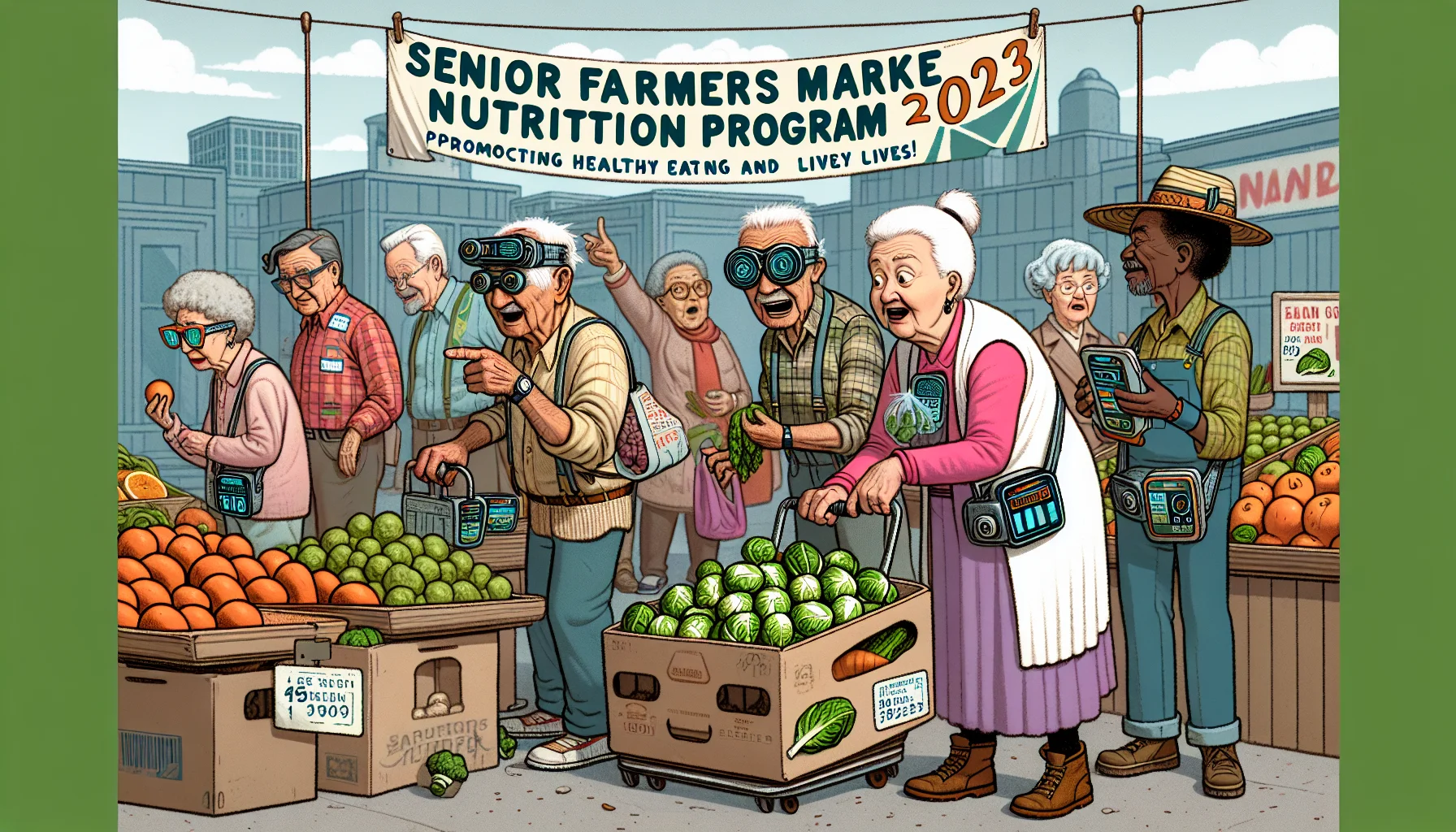 Imagine a quirky scene in a 2023 farmers market dedicated to senior citizens. Several elderly people of different descents, including Caucasian, Black, and South Asian are participating enthusiastically. Some are wearing odd mixtures of vintage and futuristic clothing, inspecting fruits and vegetables with high-tech gadgets. One elderly Hispanic woman is humorously over-packed with bags of fresh produce, while a Middle-Eastern man is haggling for a bag of organic brussels sprouts. A sign hanging prominently says, 'Senior Farmers Market Nutrition Program 2023 - Promoting Healthy Eating and Lively Lives!'