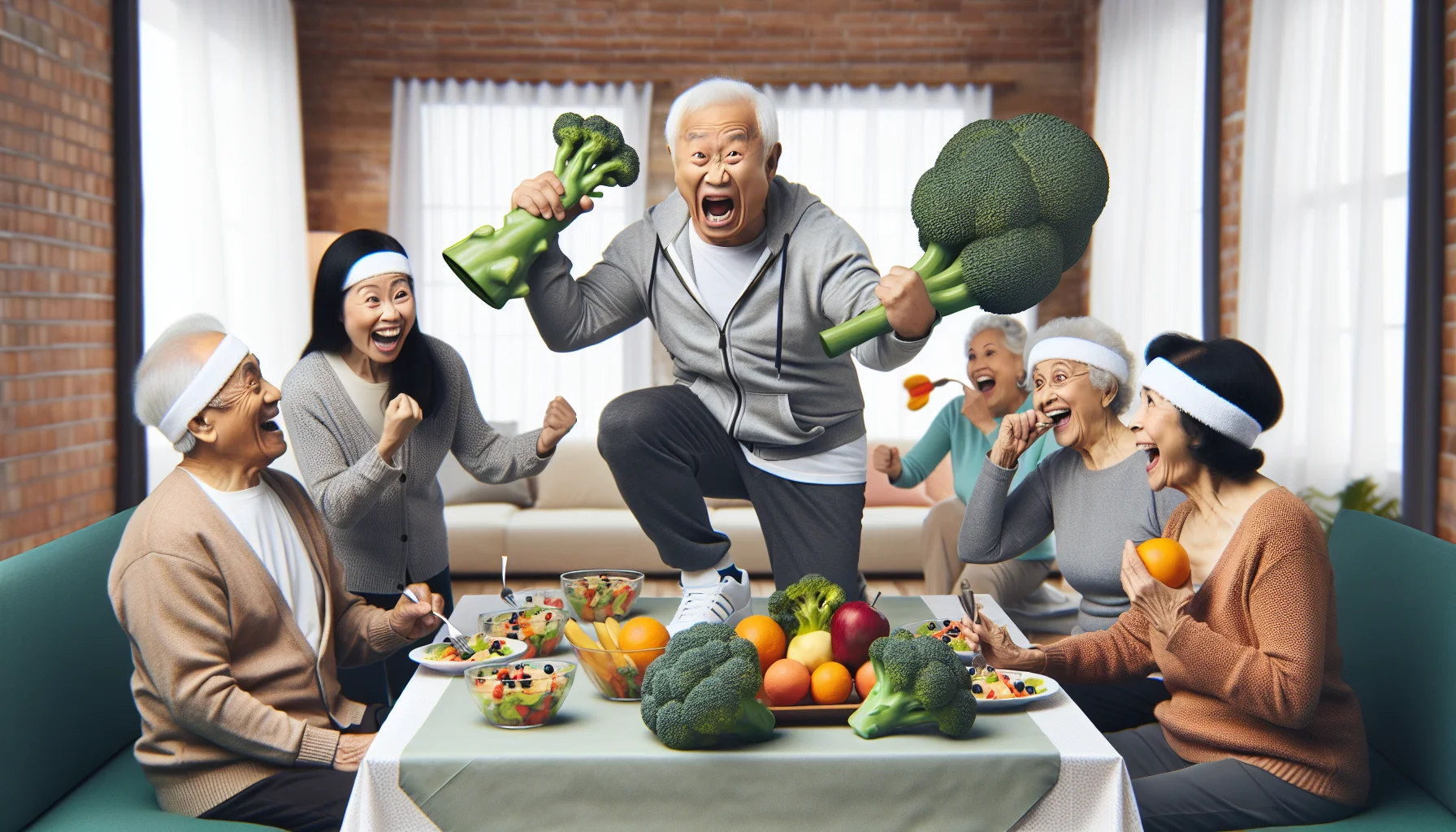 Generate a playful and realistic image portraying a senior nutrition program in an amusing context. Picture an elderly Asian man humorously struggling to lift a giant broccoli dumbbell, symbolising his commitment to healthy eating and exercise. In the background, a group of senior Caucasian and Black women are sitting around a table, laughing and sharing colorful fruit salad while sporting sweatbands, suggesting they've just finished a fun workout. Also, visualize an elderly Middle-Eastern woman playfully chasing a cartoonish carrot on a stick, signifying the pursuit of a healthy diet.