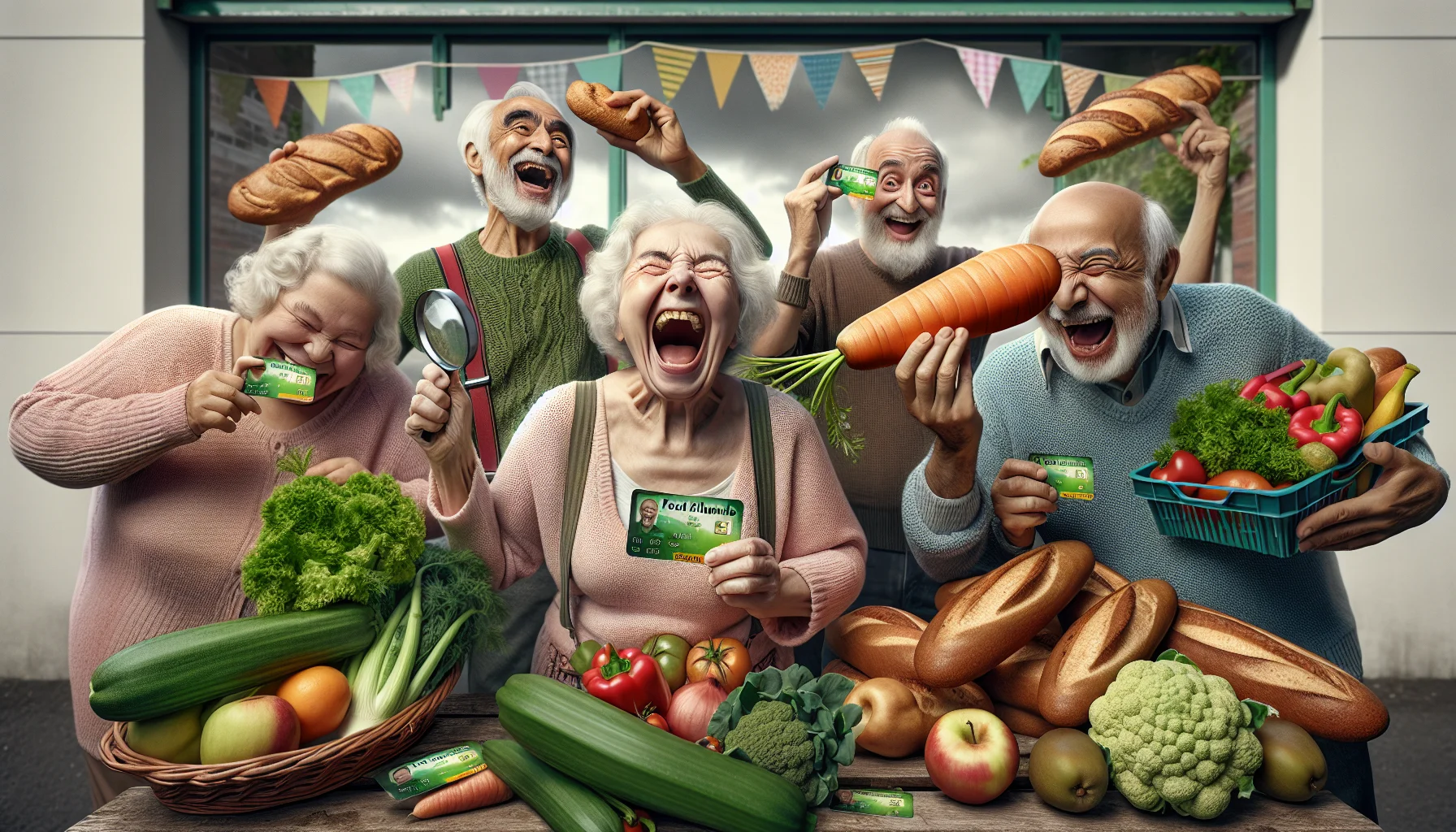 Render an amusing and realistic scene of an elderly group showing off their food allowance cards at a local farmers market. One elderly Caucasian woman laughing as she balances a stack of green, leafy vegetables in her arms. An old Hispanic man in the background chomping on an oversized carrot in jest, with his food card tucked behind his ear. A South Asian elderly lady carefully scrutinizing a fruit with a magnifying glass, while her food allowance card is bookmarking a thick health recipe book she's holding. An elderly Middle-Eastern man holding his card up like a trophy while sitting on a pile of wholegrain bread loaves, laughing and being cheered on by the other seniors. The scene is full of joy, humor, and a focus on eating healthily.
