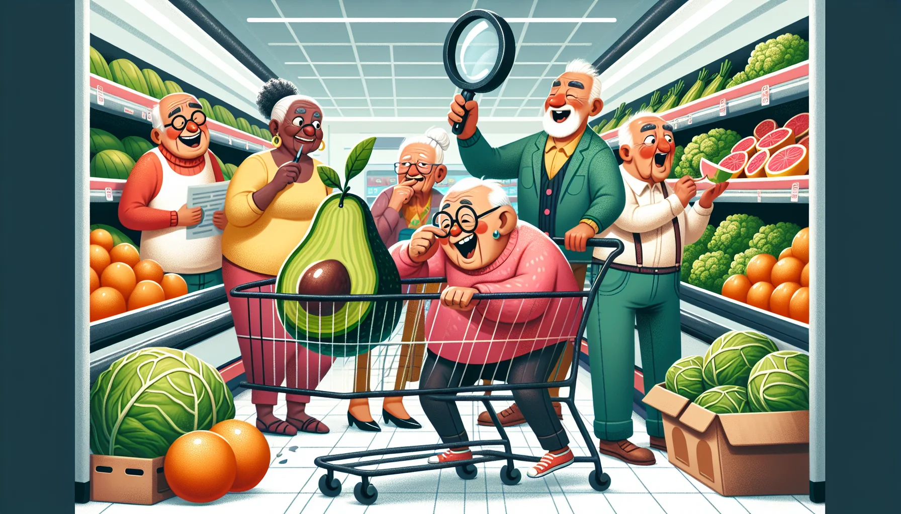 Design a lighthearted and realistic scene in a produce section of a supermarket. A group of animated elderly individuals of multiple races including Caucasian, African American, Asian and Hispanic are shopping for their groceries. One elderly lady, African-American, is scrutinizing an avocado with a magnifying glass, puzzling over its wellness benefits. Another senior gentleman of Asian descent is humorously attempting to balance a tower of grapefruit in his shopping cart. A cheerful elderly Hispanic couple is comparing the size of two gigantic cabbages, while a Caucasian senior man is comically struggling to reach for a bag of kale on a higher shelf, all engaged in a quest for healthy eating.
