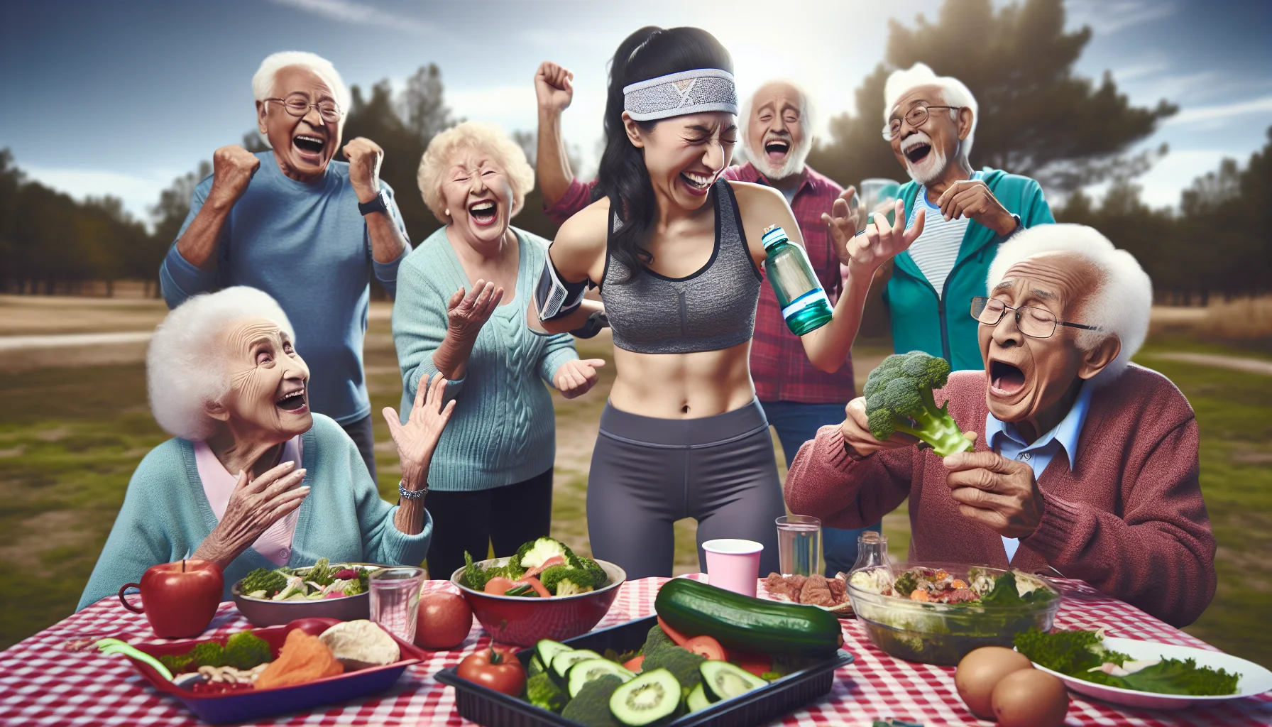 Visualize a humorous scenario involving elderly people engaging in a healthy lifestyle. In this lighthearted scenario, a group of seniors are having a picnic. A fit Middle-Eastern grandma with a headband has just finished jogging and is reaching for a bottle labeled 'Healthy Aging Formula'. Other seniors around her are laughing and enjoying various healthy dishes. A South Asian grandpa is hilariously trying to balance a broccoli on his nose, while a Caucasian granny is surprised by the zest of a lemon she just tasted for the first time. Their facial expressions emanate the joy of healthy living.