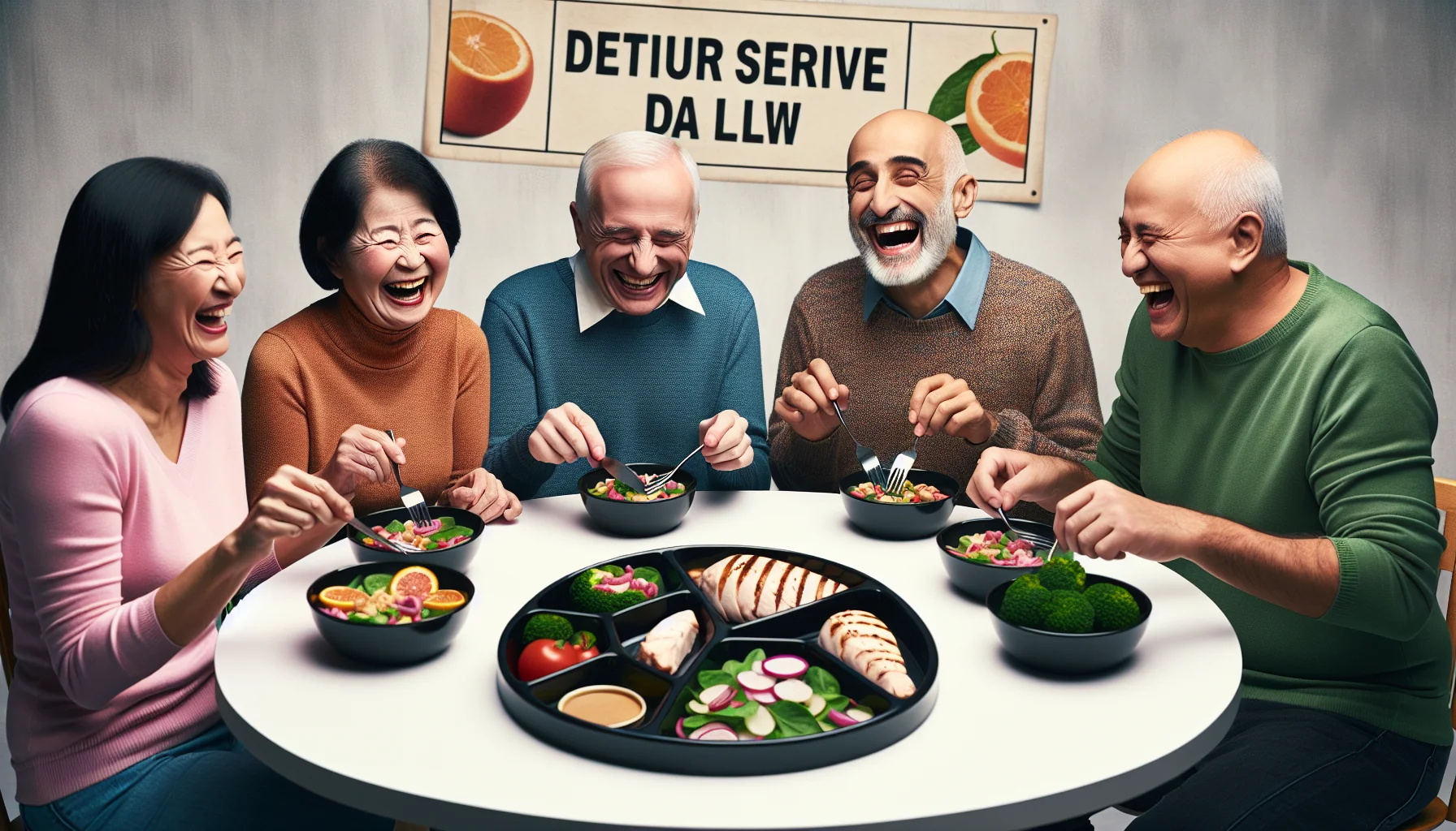 Create a humorous, realistic scenario featuring several older individuals of different descents - a South Asian woman, a White man, and a Middle-Eastern man all seated around a circular table. They are laughing heartily as they navigate various single-serve meals designed for a diet plan. The food items consist of remarkably small portions of well-balanced meals like a single boiled broccoli floret, a slice of grilled chicken the size of a credit card, and a vibrant salad that seems to be more composed of the bowl than the actual greens. Convey a light-hearted atmosphere with a touch of mockery towards extreme dieting.