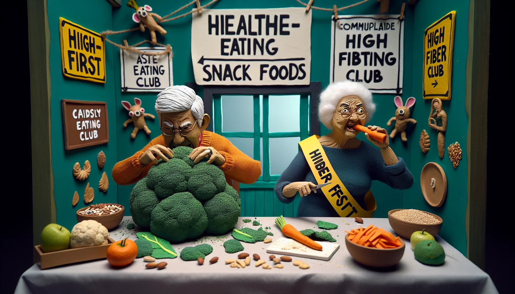 Craft an amusing, realistic depiction of elderly individuals engaged in a comical dieting scene. The focus is on high-fiber snack foods. On the left, an elderly South Asian male mischievously sneaks a bite from a large broccoli while wearing a 'healthy eating club' sash. On the right, a spirited Black elderly woman rolls her eyes as she wins an impromptu carrot peeling competition. Scattered around the room are humorous signs reminding everyone of the 'fiber-first' rule and commonplace high fiber foods, such as whole grains, nuts, and beans, subtly incorporated into the decor.