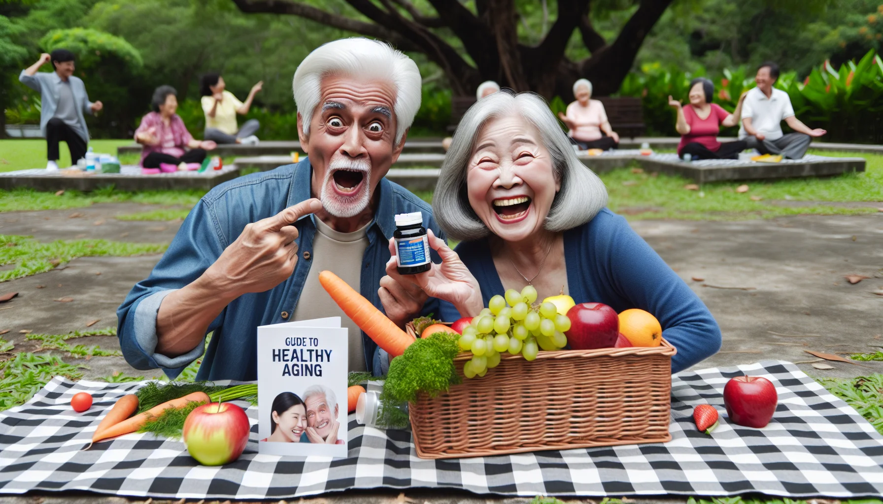 Please generate a humorous and realistic image of a lively elderly couple enjoying a picnic in the park. The Caucasian man holds a bottle of skin supplements, pointing to it humorously while having an exaggerated look of surprise on his face. The Asian woman is laughing, holding an apple in one hand and a carrot in the other, symbolizing a healthy diet. A brochure titled 'Guide to Healthy Aging' lies on the checkered picnic blanket, and their picnic basket is filled with vibrantly colorful fruits and vegetables. In the background, other elders are seen participating in light exercises and engaging in jovial conversation, exemplifying a healthy lifestyle.