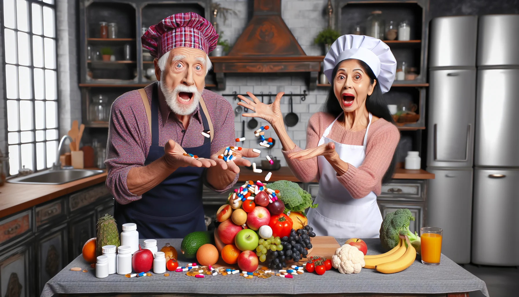Create an amusing, realistic scene spotlighting the concept of anti-aging supplements. Picture an elderly Caucasian man and a South Asian woman, both in their golden years, hosting a lively cooking show. They're in a charming, old-fashioned kitchen, fussing over a giant pile of fruits, vegetables, and dietary supplements. They're both wearing vibrant chef hats and aprons, the man juggling vitamins like a circus performer while the woman gazes in mock astonishment. The atmosphere is light-hearted, filled with healthy foods and laughter, capturing the funnier side of health, dieting, and staying young at heart.