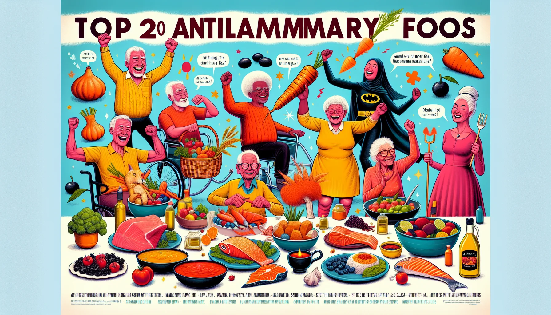 Create an image of a humorously designed educational poster representing the top 20 anti-inflammatory foods. The poster features a group of happy elderly people of diverse descents like Caucasian, Black, Middle-Eastern, South Asian and Hispanic, gleefully engaging in a potluck feast filled with these foods. Every person is representing their own humorous imaginations of healthy living and dieting. The vibrant illustration should mix reality with playful exaggerations to bring natural foods to life, such as a curcuma root doing yoga, salmon wearing a superhero cape, or an olive oil bottle dancing salsa. Include a tasteful title and some fun food facts.