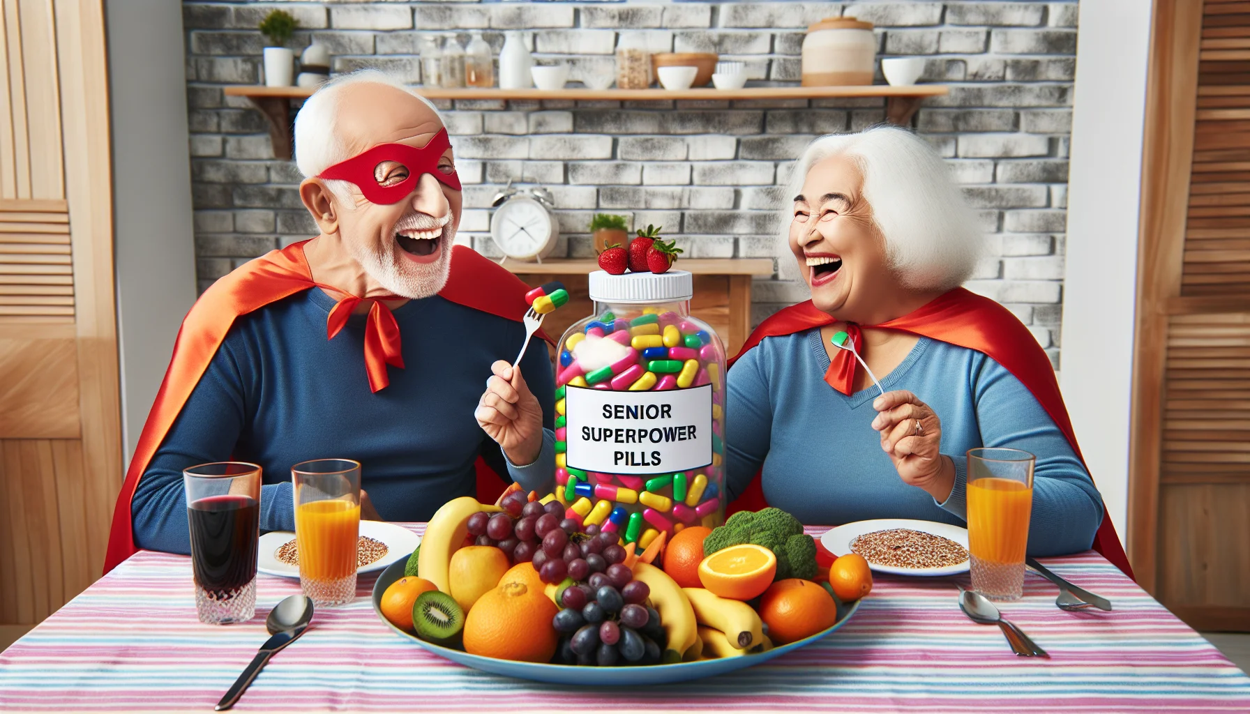 Generate a humorous image of an elderly Caucasian man and a Middle-Eastern woman, both over 70 years old, sitting at a colorful dining table set for two. The duo is laughing heartily while wearing superhero capes and masks, symbolizing their strong health. On the table, there's a gigantic bottle of multivitamins that's humorously labeled 'Senior Superpower Pills'. They're enjoying a variety of brightly colored fruits, vegetables, and whole grains, playfully arranged in patterns resembling youthful cartoon characters, highlighting the fun side of maintaining a balanced diet for seniors.