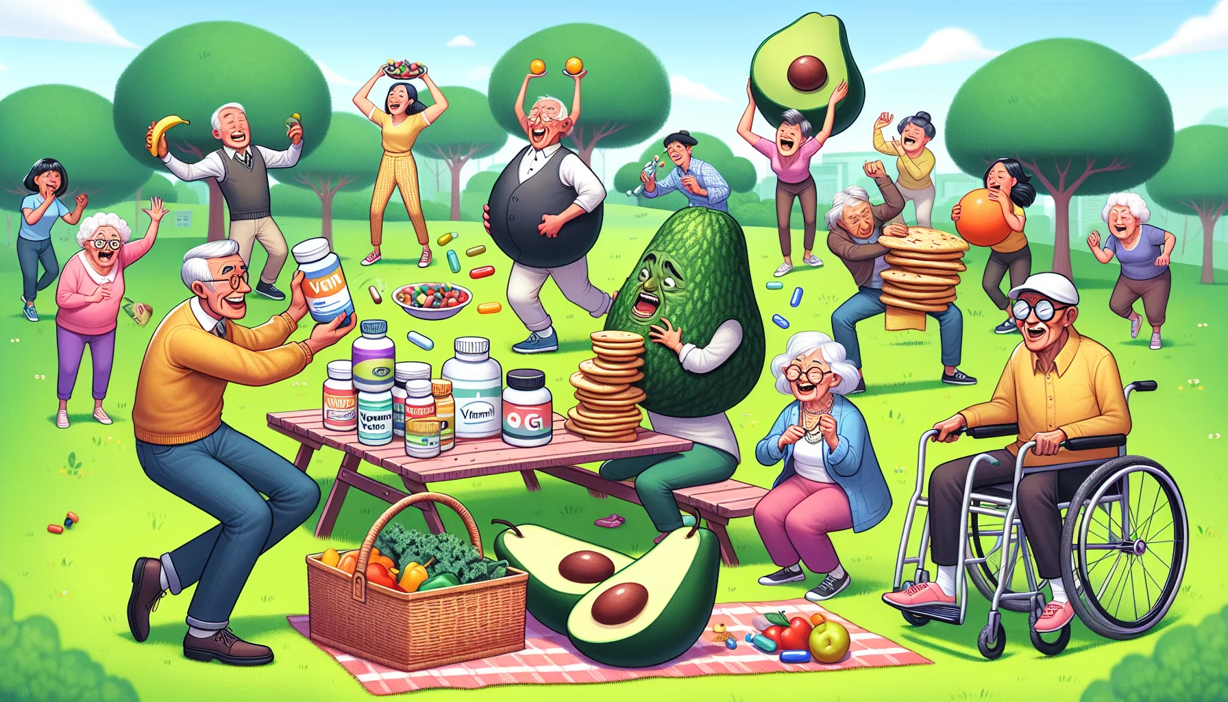 Imagine a humorous situation taking place in a lively park. A group of seniors with different backgrounds are engaging in a picnic. A Caucasian gentleman is comically trying to balance stacked vitamin tablets instead of cookies. A Hispanic woman is laughing and unrolling a yoga mat made of kale. An Asian grandpa is straining comically to open a giant avocado instead of a medicine bottle. Meanwhile, a black granny is playfully chasing a pear with her walker, instead of a bingo ball. Their picnic basket is filled with colorful fruits, vegetables and vitamin containers, suggesting a healthy lifestyle.