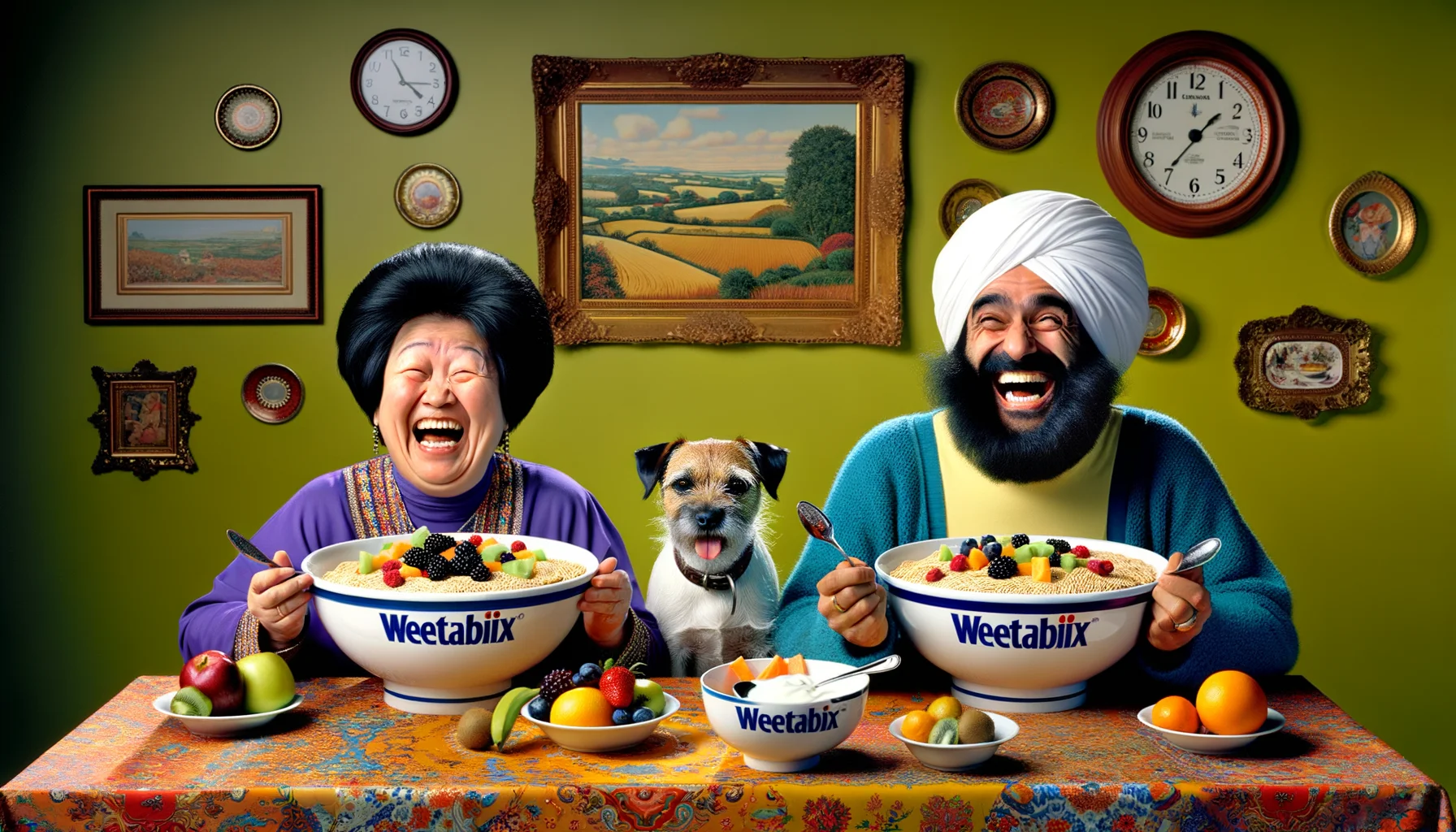 A humorous scene featuring an elderly South Asian woman and a Middle-Eastern man sitting at a vividly decorated dining table, laughter etched on their faces. In front of them are overly sizable bowls filled up to the brim with Weetabix and smaller bowls filled with fruits and yogurt on the side. They are wearing sweat bands and workout clothes, suggesting they've just finished a fitness regime. In the background, a border terrier dog is curiously trying to reach the table to get a bite. Caption at the bottom reads, 'Weetabix: The secret diet for the lively and young at heart!'.