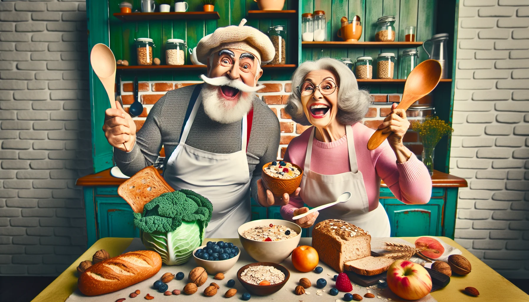 Imagine a humorous scene in a vibrant, retro-style kitchen. A spry elderly Hispanic man and a lively elderly Caucasian woman are preparing breakfast together. They have a grand assortment of fiber-rich foods laid out on their kitchen table - an array of oatmeal, whole grain bread, berries, and nuts. The man is playfully wearing a beret made from a cabbage, a symbol of healthy diet, while the woman holds a large spoon and an oversized bowl as if they are gearing up for a giggle-inducing feast. Their faces are gleaming with joy as they try to incorporate healthy eating habits into their daily routines.