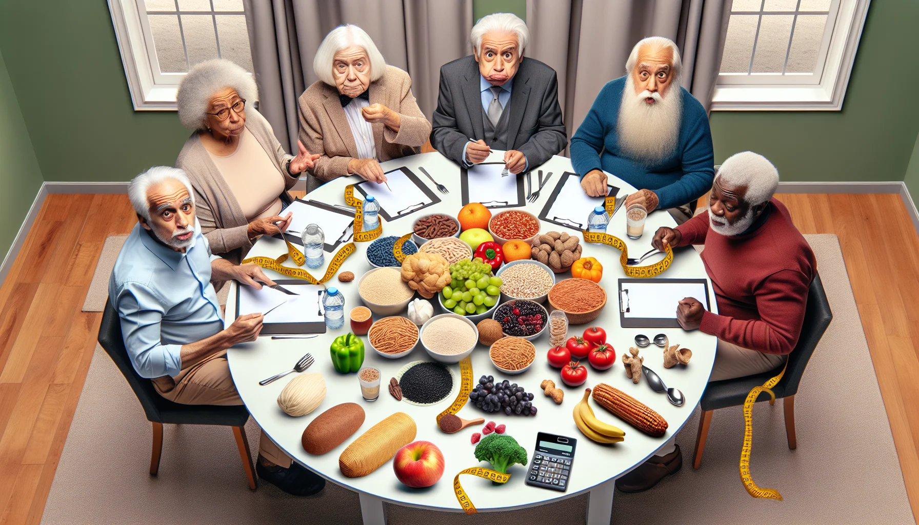 Create a humorous and realistic image displaying 30 grams of fiber. To add a touch of comedy, consider portraying the fiber in the form of common high-fiber foods, scattered all over a large dining table. Around the table, there are five elderly friends, each presenting varied descents: Middle-Eastern, Hispanic, South Asian, Caucasian, and Black. They look amused and slightly overwhelmed by the sheer amount of food. Each of them is holding different tools - measuring tapes, calculators, and diet guides - indicating their attempt to comprehend the concept of eating the recommended dietary fiber.