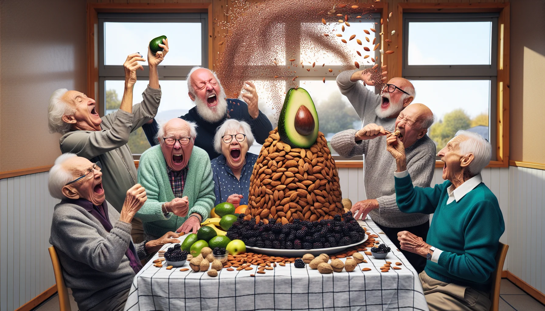 Generate a humorous and realistic image depicting a scene in a lively senior citizens community. Within this scene, a group of older individuals, of a variety of descents such as Caucasian, Hispanic, and Black, are enthusiastically participating in a 'Healthy Food Contest'. The table in front of them is piled high with foods known for being high in fiber and low in carbohydrates, like avocados, almonds, blackberries, and flax seeds. Illustrate surprising scenarios: one person putting an entire avocado to their mouth, another shaking flax seeds in the air like confetti, while a third uses almonds like maracas. Ensure that the emphasis is on fun, camaraderie, and the pursuit of health.