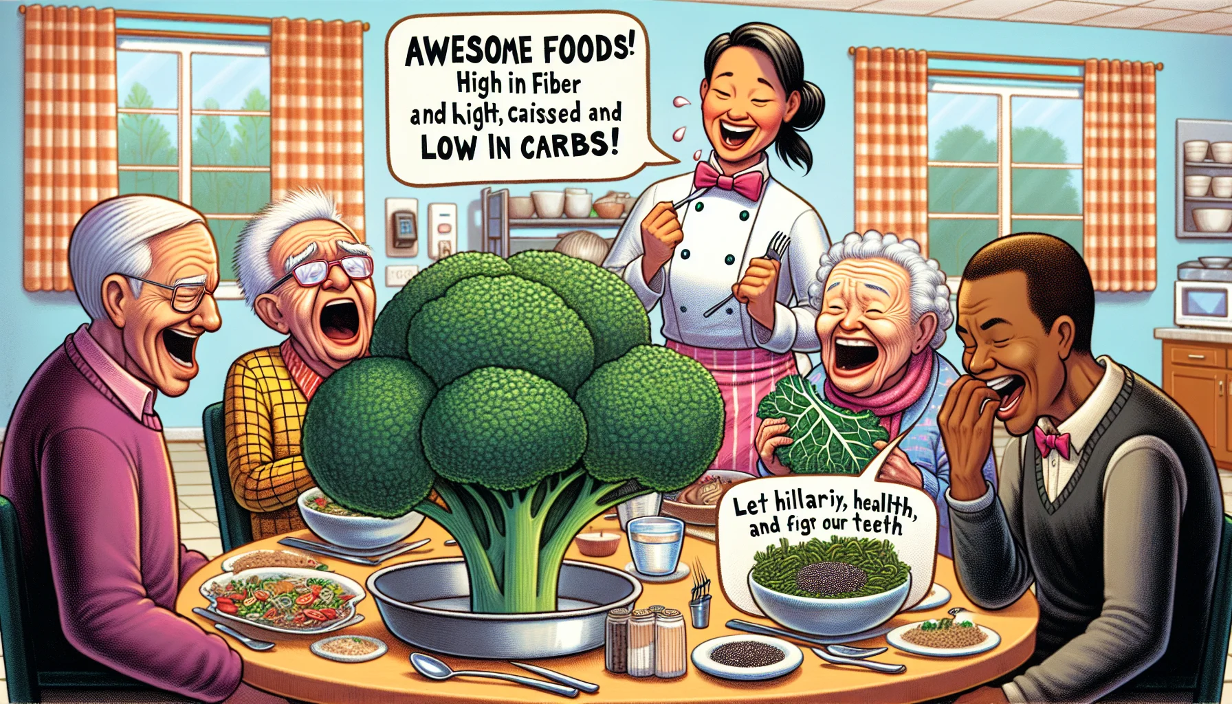 Imagine a humorous scene inside a retirement home's cafeteria. The menu of the day? Awesome foods high in fiber and low in carbs! A Caucasian elderly gentleman is astonished at the size of his giant broccoli while his Hispanic neighbor is trying to figure out how to eat an oversize chia seed pod without getting seeds in her teeth. Meanwhile, a Black elderly woman is privately rejoicing at the sight of an enormous bowl of kale salad, her favorite. A middle-aged South Asian chef is standing at one side with a playful smile, ready to serve an appetizing plate of quinoa. Let hilarity, health, fiber, and low carbs be at the highlight of their energetic expressions.