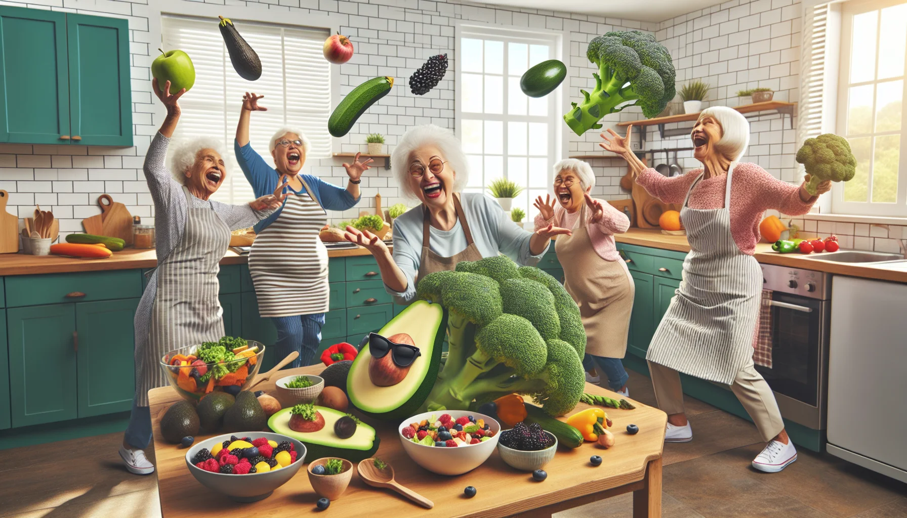 Create a humorous, realistic scene in a sunny, open-concept kitchen. A group of energetic old women with diverse descents: Caucasian, Hispanic, Black, Middle-Eastern, and South Asian, are enthusiastically preparing a variety of fiber-rich, low-carb foods. One of them is dramatically presenting a huge broccoli, while another is joyfully juggling avocados. Another one is artistically arranging a platter of mixed berries while chuckling. One Asian lady stoops to pick up a rolling zucchini, their laughter filling the room. To make it more fun, depict some of the food items wearing sunglasses and doing funny expressions.
