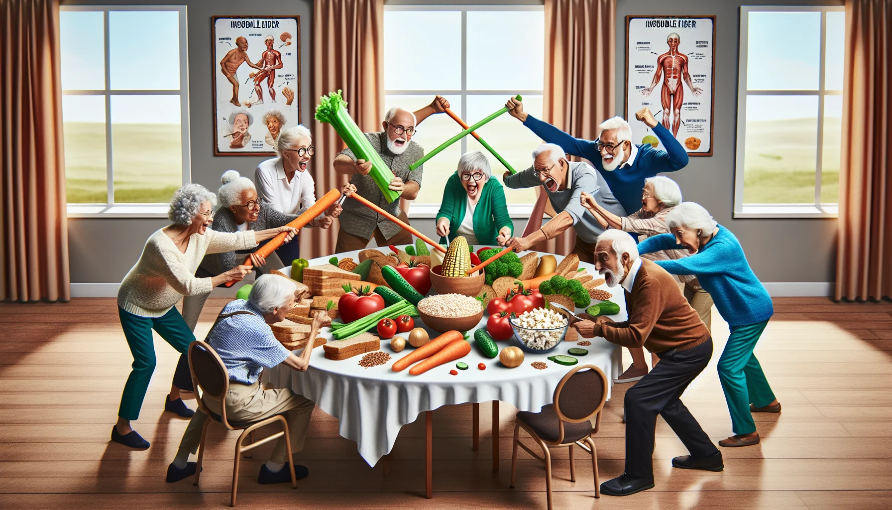 Create a whimsical and realistic scene in an elders' shared dining room. In this scene, a group of jovial senior citizens of diverse descents, including Caucasian, Hispanic, Black, Middle-Eastern, South Asian, are gathered around a large, round table. They are humorously fighting over a plate of foods high in insoluble fiber such as whole wheat bread, brown rice, carrots, cucumbers, and tomatoes. One senior, a Caucasian woman, uses a celery stick as a sword, while a Middle-Eastern man pretends to be a goalie, guarding a bowl of popcorn. The others display similarly playful interactions with fruits, vegetables, and grains. Throughout the room, informative posters about the benefits of insoluble fiber can be seen.