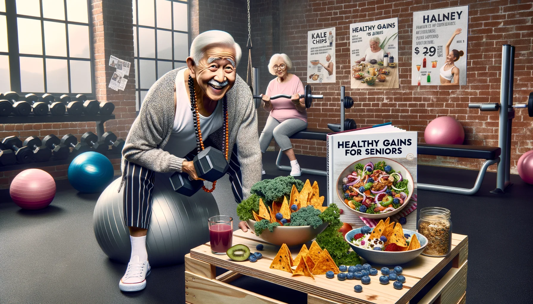 Create a humorous, realistic scene illustrating the concept of 'leangains' in an unexpected context with elderly individuals. An elderly South Asian man with a twinkle in his eyes is lifting light dumbbells while balancing on a yoga ball, surrounded by nutritious but delicious food items like kale chips, chicken salad, and protein shakes. Nearby, a Caucasian elderly lady is checking out a recipe book titled 'Healthy gains for seniors', a smirk playing on her lips. The environment is a lively senior fitness center, with exercise equipment and health posters about the walls, evoking both laughter and a sense of wellness.