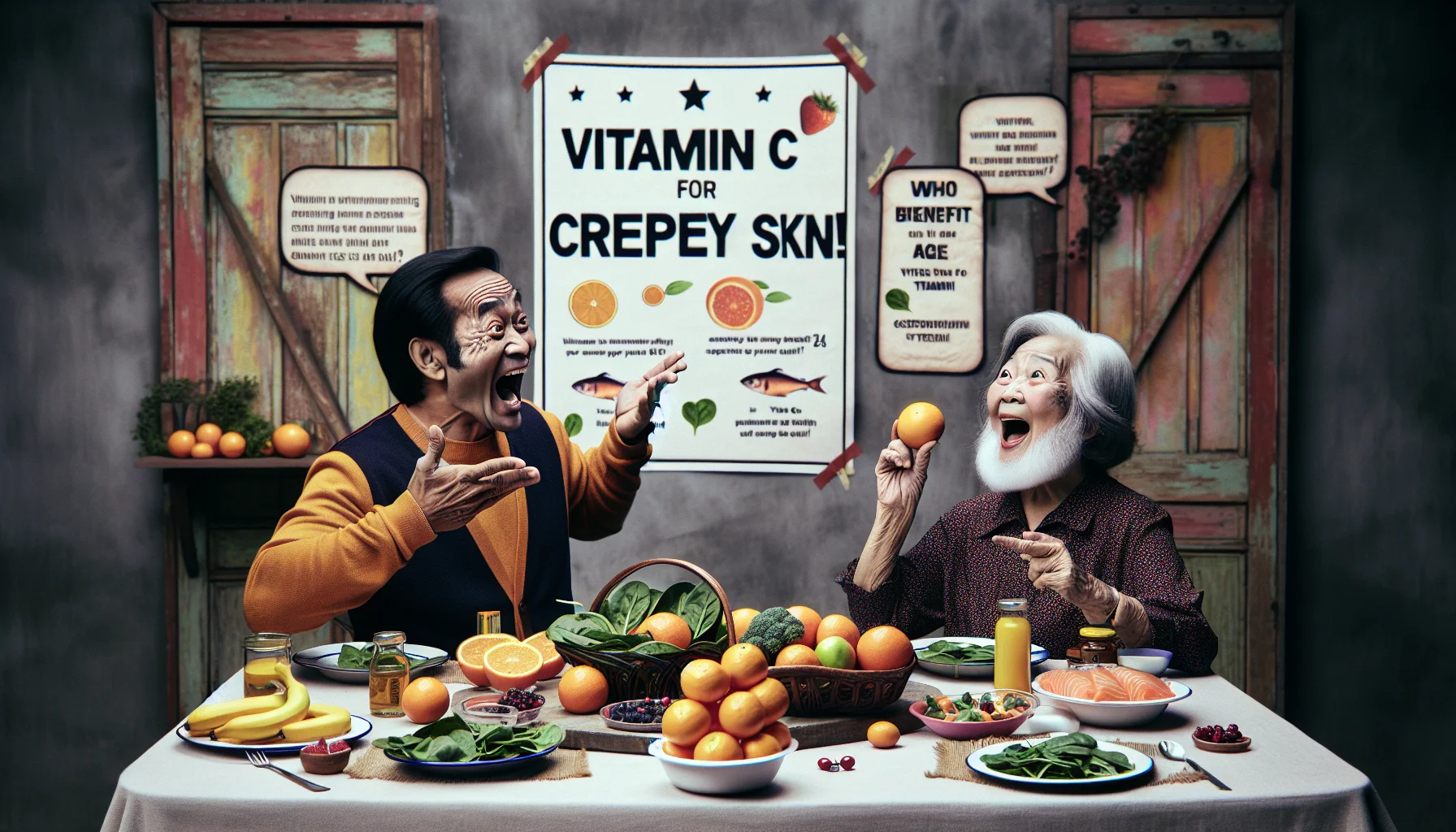 Craft a humorous yet realistic image that depicts the concept of how vitamins benefit aging skin specifically the crepey type. Showcase an elderly South Asian man and an elderly Caucasian woman humorously engaging in a healthy eating competition. They are seated across from each other at a rustic dining table laden with various vitamin-rich foods like oranges, spinach, and salmon. The man excitedly points out a poster hanging on the wall behind them that explains, in large friendly letters, 'Vitamin C for Crepey Skin!'. Their expressions should be filled with surprise and amusement as they understand the benefits of their diet.