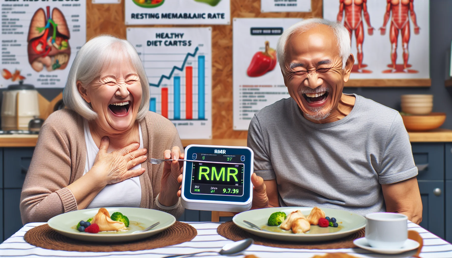 Generate an amusing and lifelike image. Visualize an older Caucasian woman and South Asian man in a senior home, both laughing heartily. They are surrounded by empty plates, suggesting they have just finished a large meal. In the middle of the table is a tiny digital device displaying 'RMR' or Resting Metabolic Rate, outrageously high, leading to their amusement. The room is filled with healthy diet charts for seniors and funny posters about food and aging.