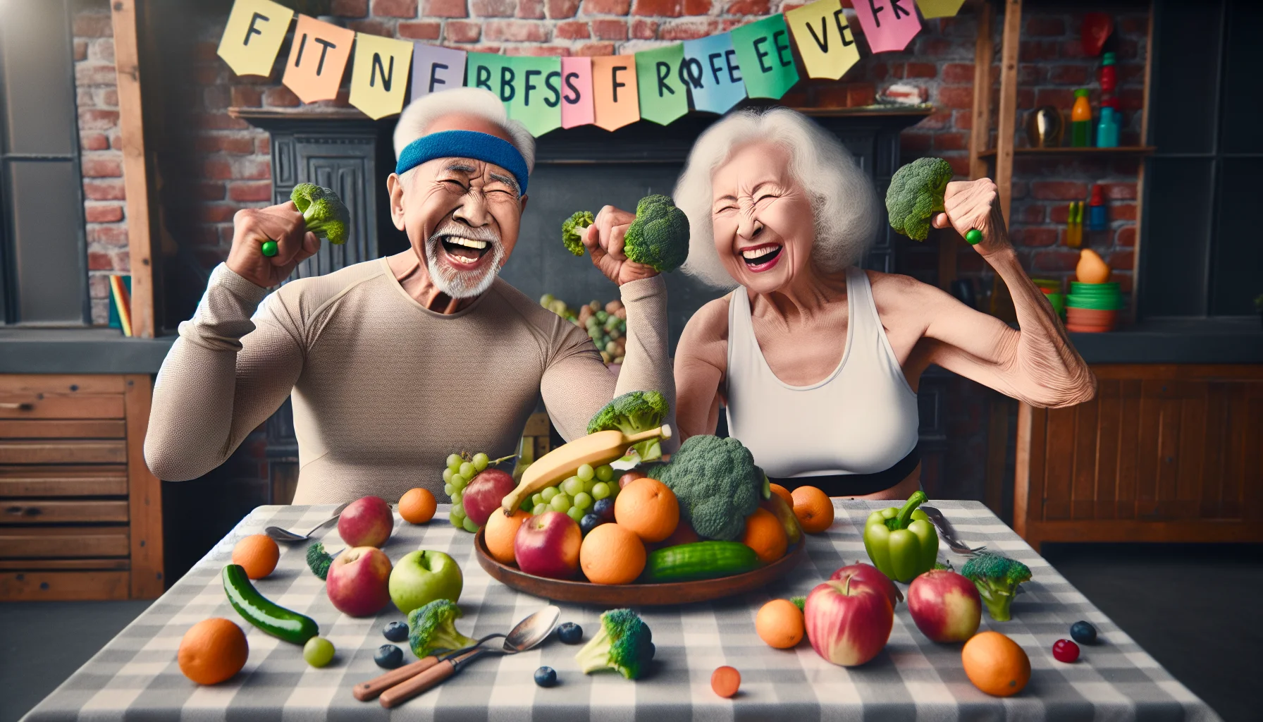 Generate a funny and realistic image showcasing a scene of healthy and wise aging. Picture an elderly South Asian man and an elderly Caucasian woman at a dining table full of colorful fruits and vegetables. They're wearing sweatbands and gym outfits as if they've just finished a workout session. Both are holding a piece of broccoli like it's a weightlifting dumbbell and they are animatedly flexing their muscles. Their faces are alive with laughter and wisdom. The table sits under a banner that reads 'Fitness Buffs Forever - Age is Just a Number!' in vibrant letters.