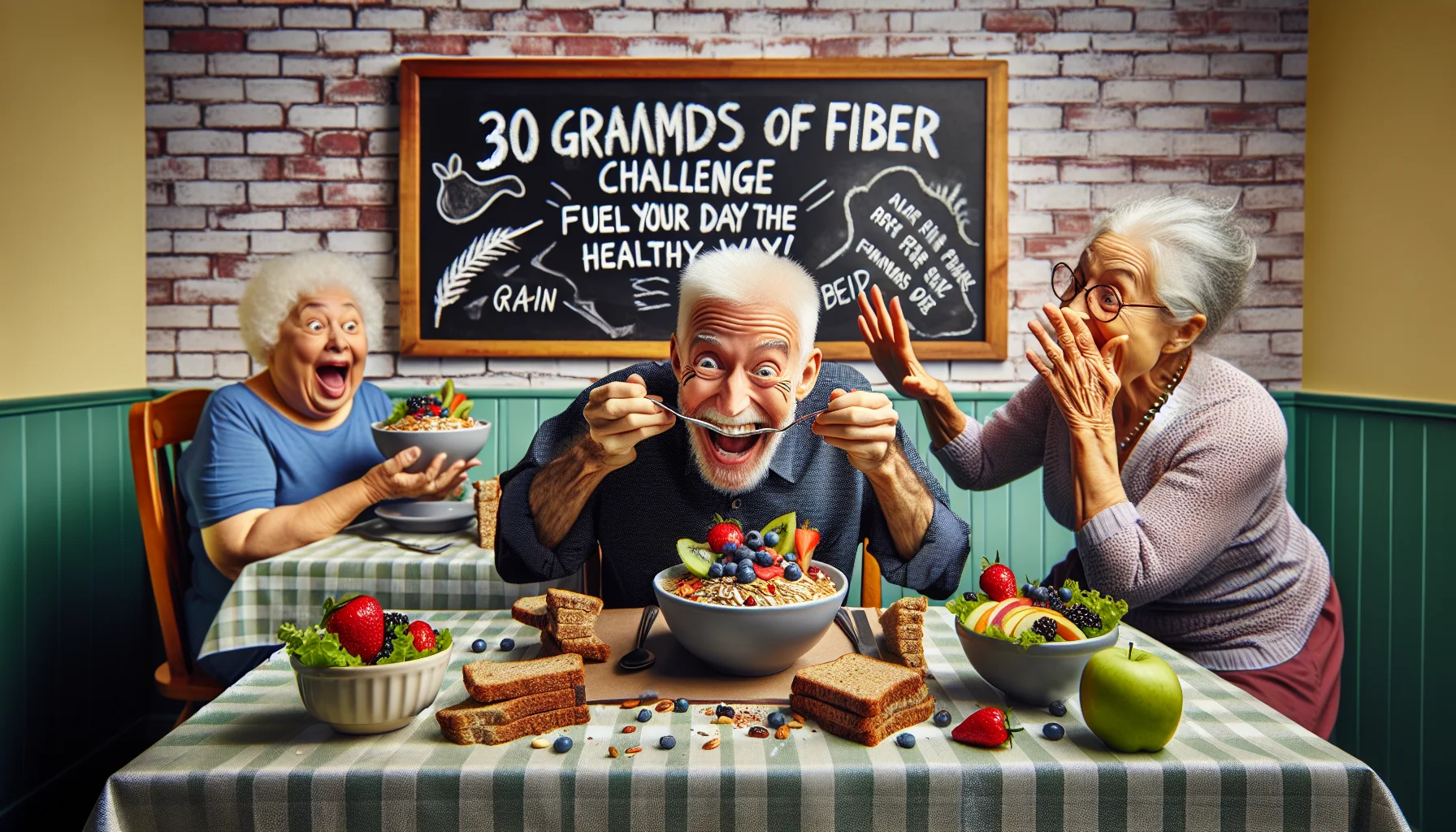Create a humorous and lifelike image depicting a dining scene at an elderly community center. The menu for the day is focused on high-fiber foods, filled with things like fresh fruits, grains, and vegetables. In the foreground, one playful, cheerful Caucasian senior man is overly excited about his bowl of fiber-packed oatmeal embellished with vibrant strawberries, blueberries and nuts. A Hispanic elderly woman at the same table humorously reaches over to steal a piece of grain bread from her neighbour's plate, a Black senior woman who is enjoying her 'fiber-rich' salad with a surprised expression. The wall behind them features a chalk-written sign proclaiming '30 grams of fiber challenge, fuel your day the healthy way!'