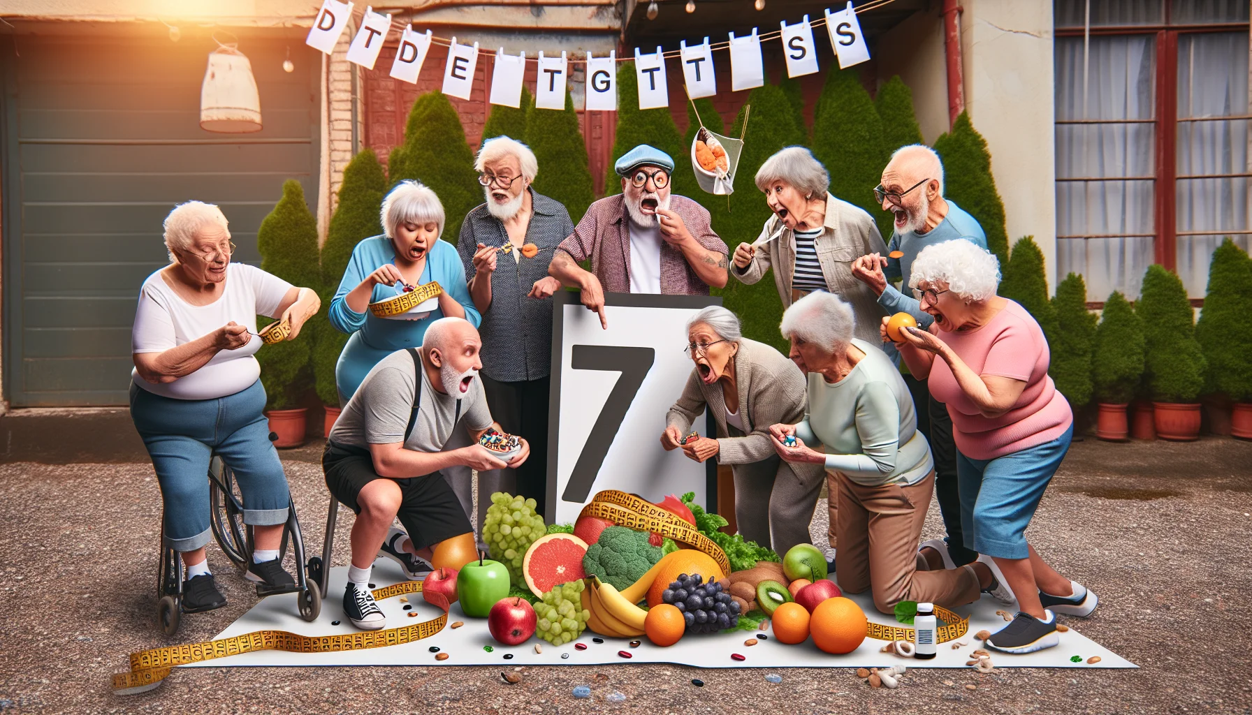 Create a humorous yet realistic scene depicting an outdoor gathering of nine elderly individuals, who are all from a variety of descents such as Caucasian, Hispanic, Black, Middle-Eastern, South Asian, and White. They are engaged in a rather amusing scenario related to diets and healthy eating. There is a big '7' displayed in a creative fashion, perhaps on a banner or a sign. Some of them are struggling to read the small print on nutrition labels, some are experimenting with eating exotic fruits and veggies, and others are laughing while trying to open stubborn health supplement bottles.