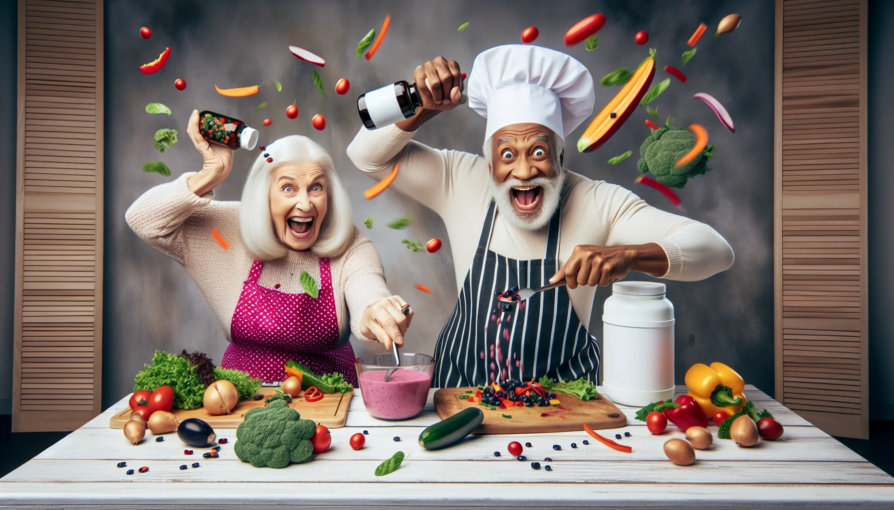 Picture an amusing and highly realistic scene: an elderly Caucasian woman and a senior Black man participating in a lively cooking competition. They each have a bottle of anti-aging supplements featuring prominently on their cooking stations. The old woman, adorned in a vibrant apron, is chopping colorful vegetables with an exaggerated flair, veggies flying, some even landing on the elderly man's table. The man, in a chef hat, is playfully dodging the flying veggies while blending a smoothie with his supplements, laughing at the absurdity. The focus is on the fun, energy, and vitality of aging with health and humor.