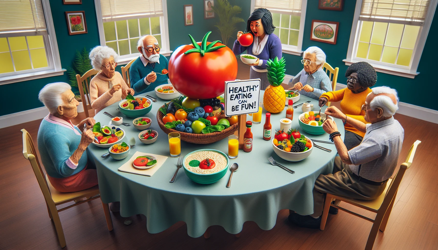Create a whimsical yet realistic scene set in a vibrant retirement home dining room at breakfast time. A group of senior citizens are seated around a table filled with an array of colorful anti-inflammatory foods. An elderly Caucasian lady tries to balance a giant tomato on her head, much to the amusement of her friends. A South Asian man is nonchalantly spooning avocado onto his plate, while a black woman puts hot sauce onto her bowl of blueberries and spinach, and an Hispanic man is munching on pineapples with a comical enthusiasm. A miniature sign planted in a bowl of oatmeal at the center of the table humbly proclaims 'Healthy eating can be fun!'