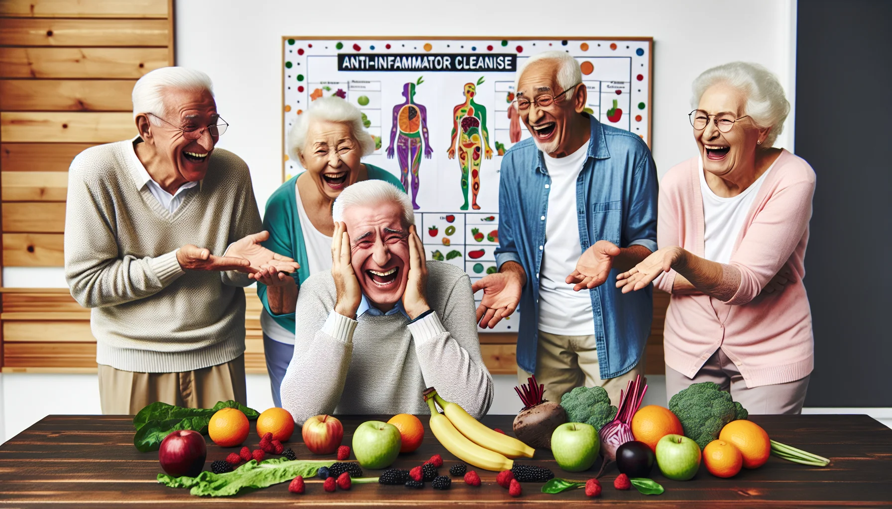 Create an entertaining and realistic image of an anti-inflammatory cleanse workshop being held at a retirement community. Show the diverse group of elderly participants, including a Caucasian male, a Hispanic female, a Black female, and Middle-Eastern male, all in high spirits and sharing a laugh together. They are surrounded by colourful fresh fruits, vegetables, and vividly illustrated diet charts. One of them is jokingly struggling to identify a vegetable, perhaps a beetroot, while others laugh and assist.
