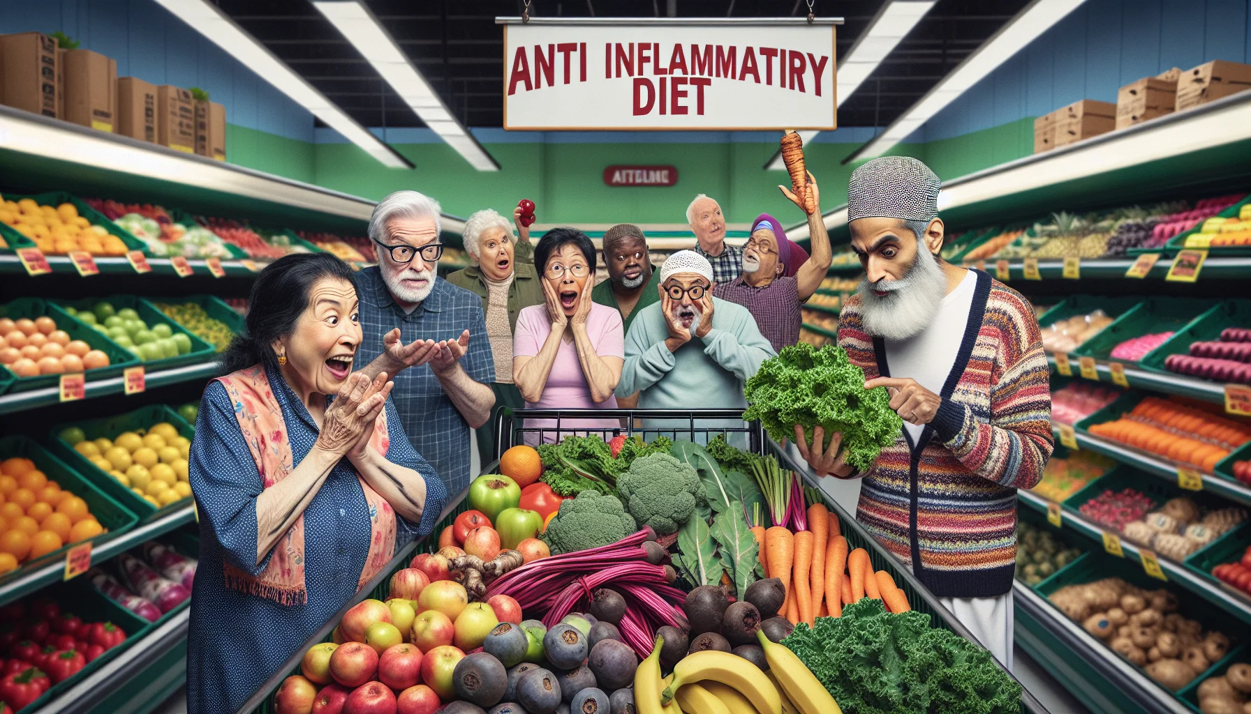 Create a humorous, realistic image of a scene in a grocery store. An elderly South Asian woman is enthusiastically examining a colorful pile of fresh fruits and vegetables. Beside her, an elderly Caucasian man is amusingly baffled by a bunch of kale. Above on the aisle signage, it says 'Anti Inflammatory Diet'. In the background, other elderly individuals of various descents are engaging in different comical reactions towards healthy food items, such as a Middle Eastern woman marveling at a beetroot and a west Asian man skeptically looking at a turmeric root. All are navigating their journey of an anti-inflammatory diet.